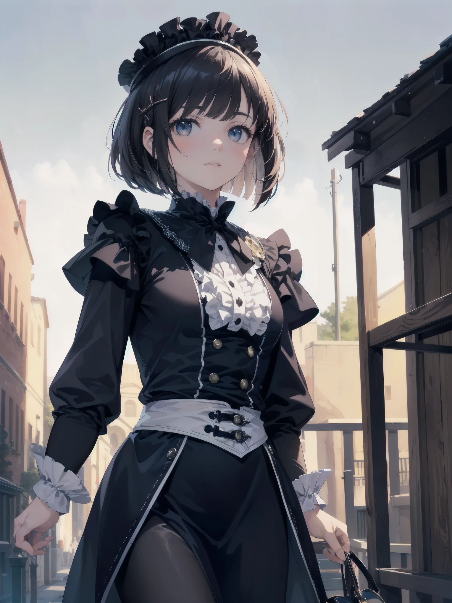 (Top quality, 16K, Masterpiece, Super high resolution, Victorian, Photorealistic: 1.2), 1 girl, devil costume, cassock clothing, Cowboy shot, One-length bob cut braided hair clip at front, Cute, Neat, Tundere, Heroine attributes, Artistic shading, Currents rejected.