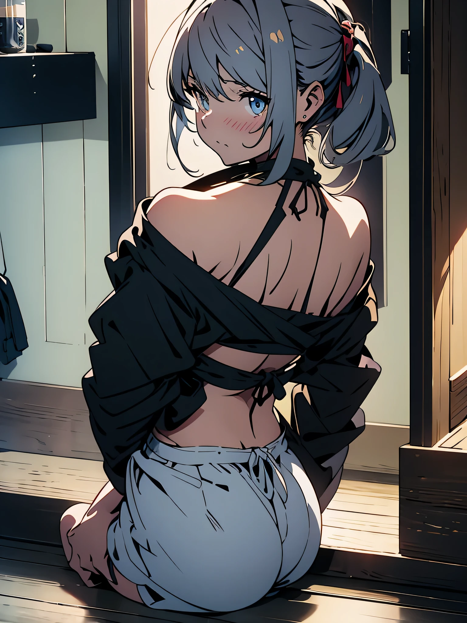 (highest quality、masterpiece、be familiar with、shining eyes、From Kira)、1 girl, alone, gray hair, double ponytail, Cat ear, (blush, open your mouth),(belly button, nipple), Sarashi, (kneel down: 1.3), bondage, (shibari), bound, (back of hand: 1.4), rope, Restraint weapons,masterpiece、beautiful anime