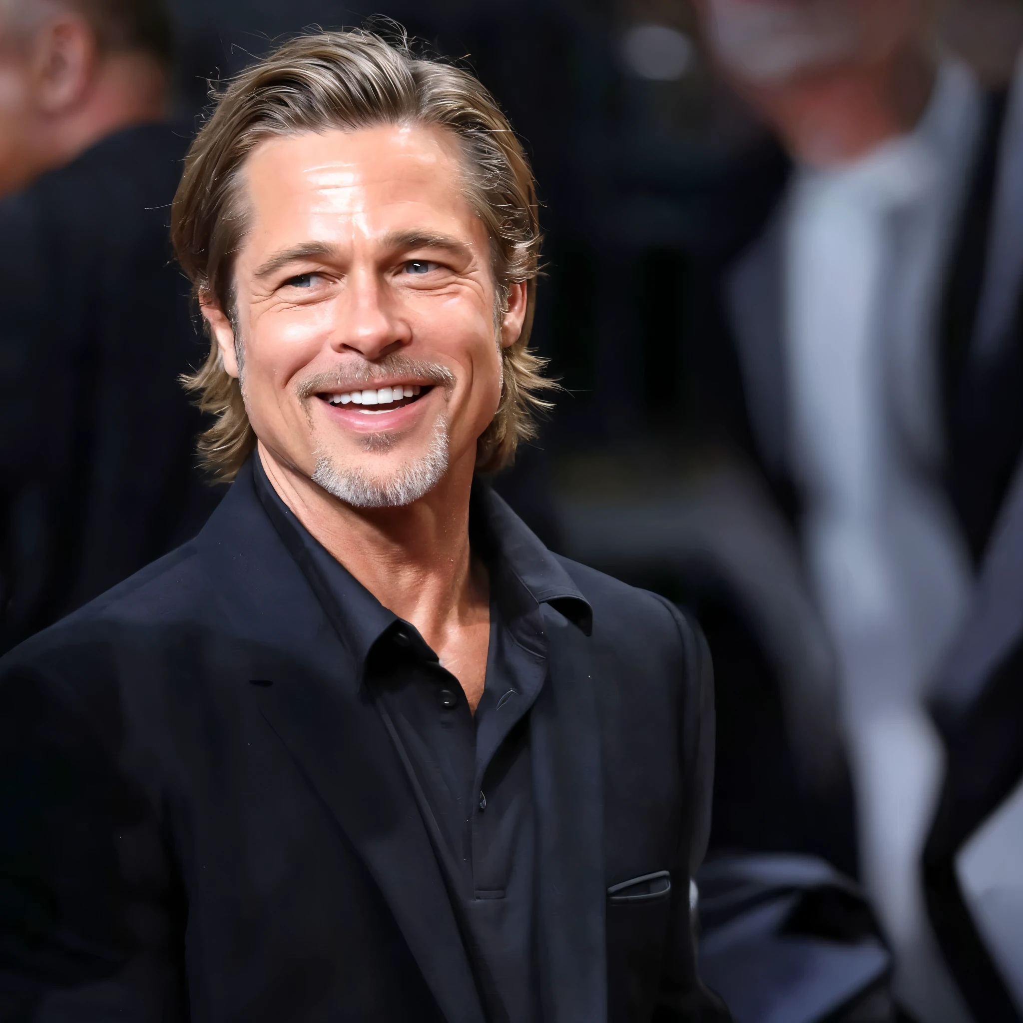 Brad Pitt is smiling and wearing a black suit, portrait of Brad Pitt, Brad Pitt, Brad Pitt portrait, taken in the early 2020s, pitt, con una sonrisa sutil, Brad Pitt is leon s. kennedy, he is smiling, charming sonrisa astuta, sonrisa astuta, taken in the late 2010s, while smiling for a photograph