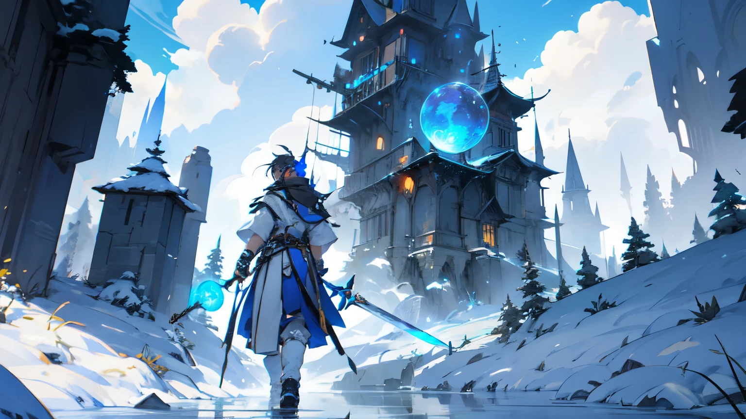 Warrior on the left side with a sword, Mage on the right side holding blue glowy orb up in hand, background made in theme of sky and clouds, light shades of blue