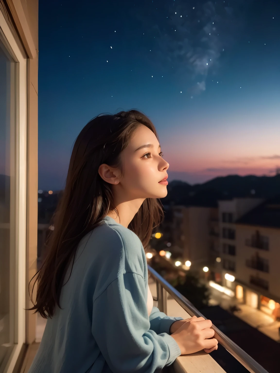beautiful woman. dark brown hair. 24-years-old. She stares blankly at the night sky from the balcony of her apartment.,I can see the cleavage、I'm wearing a light blue cardigan.、white bra