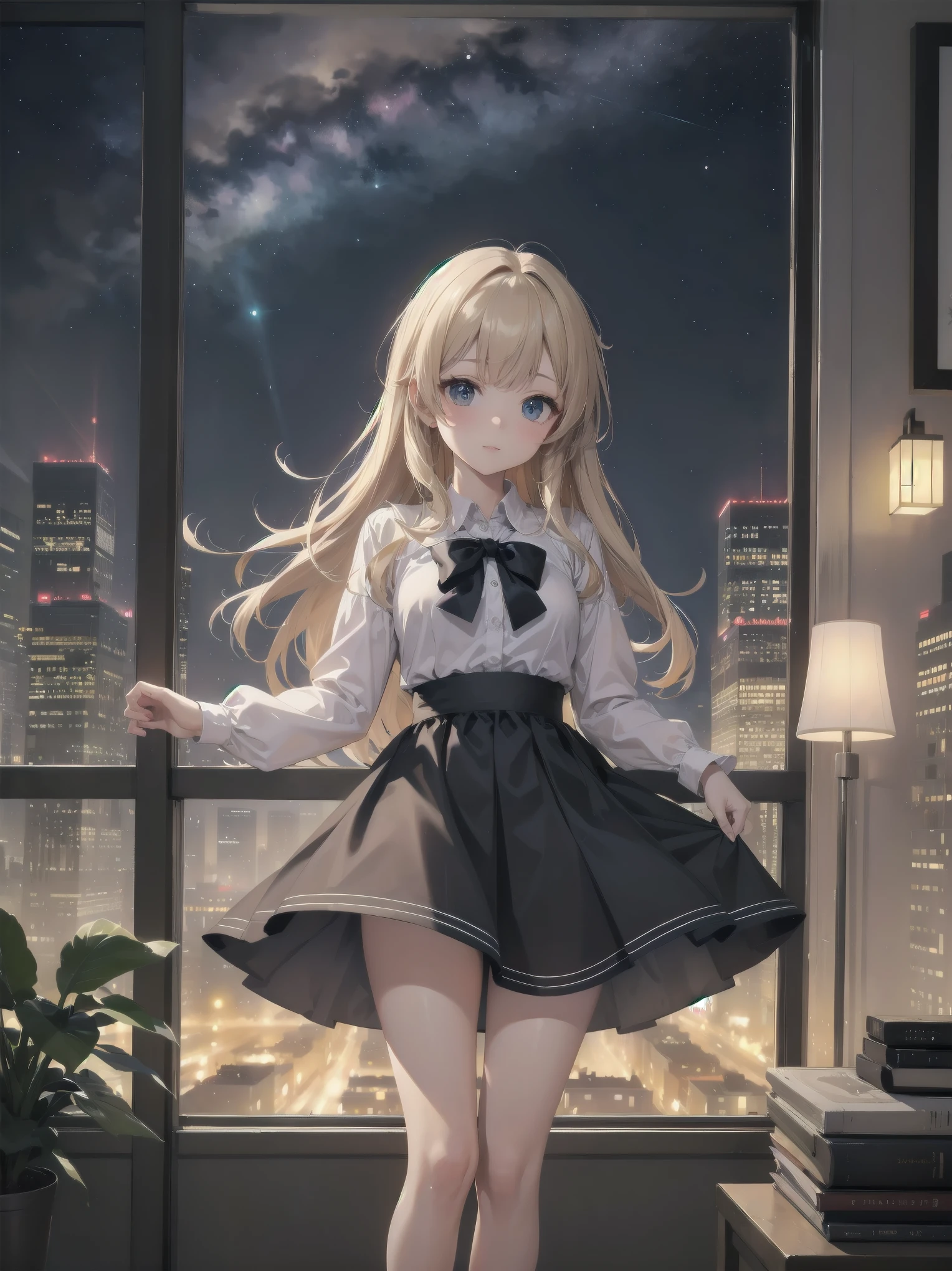 Artistic AI Art Galaxy(masterpiece:1.2, best quality),clear。lift up the skirt、cute girl、The night view of the big city outside the window、artistic shadow、I can't believe it but it's so ridiculously cute