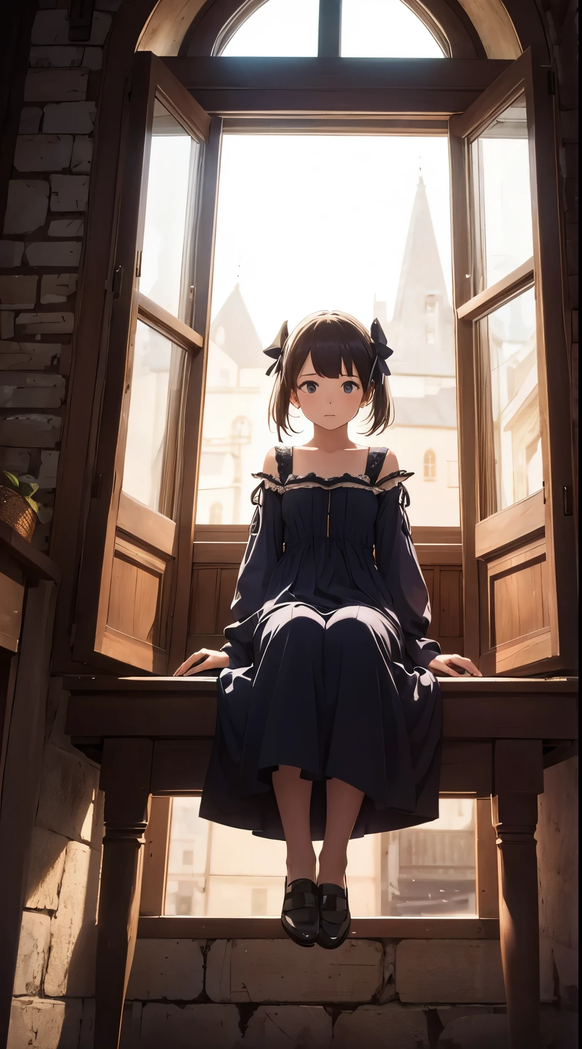 1girl, levitate in the window frame, seating in the window, opened window, look in tge camera, (solo), night background, medieval House, medieval era, medieval window, wearing sleaping night dress