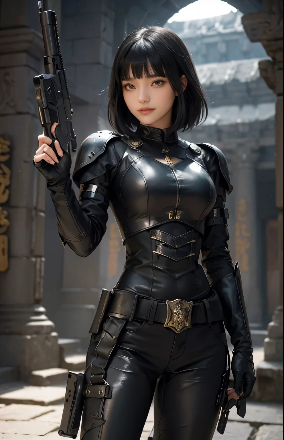 A beautiful woman. Black hair. Her bangs are down. Her bangs are cut in a straight line at her forehead. Late twenties. She wears a black metallic battle uniform. She holds a large futuristic gun and has a fearless smile on her face. The location is inside a dimly lit ancient temple.