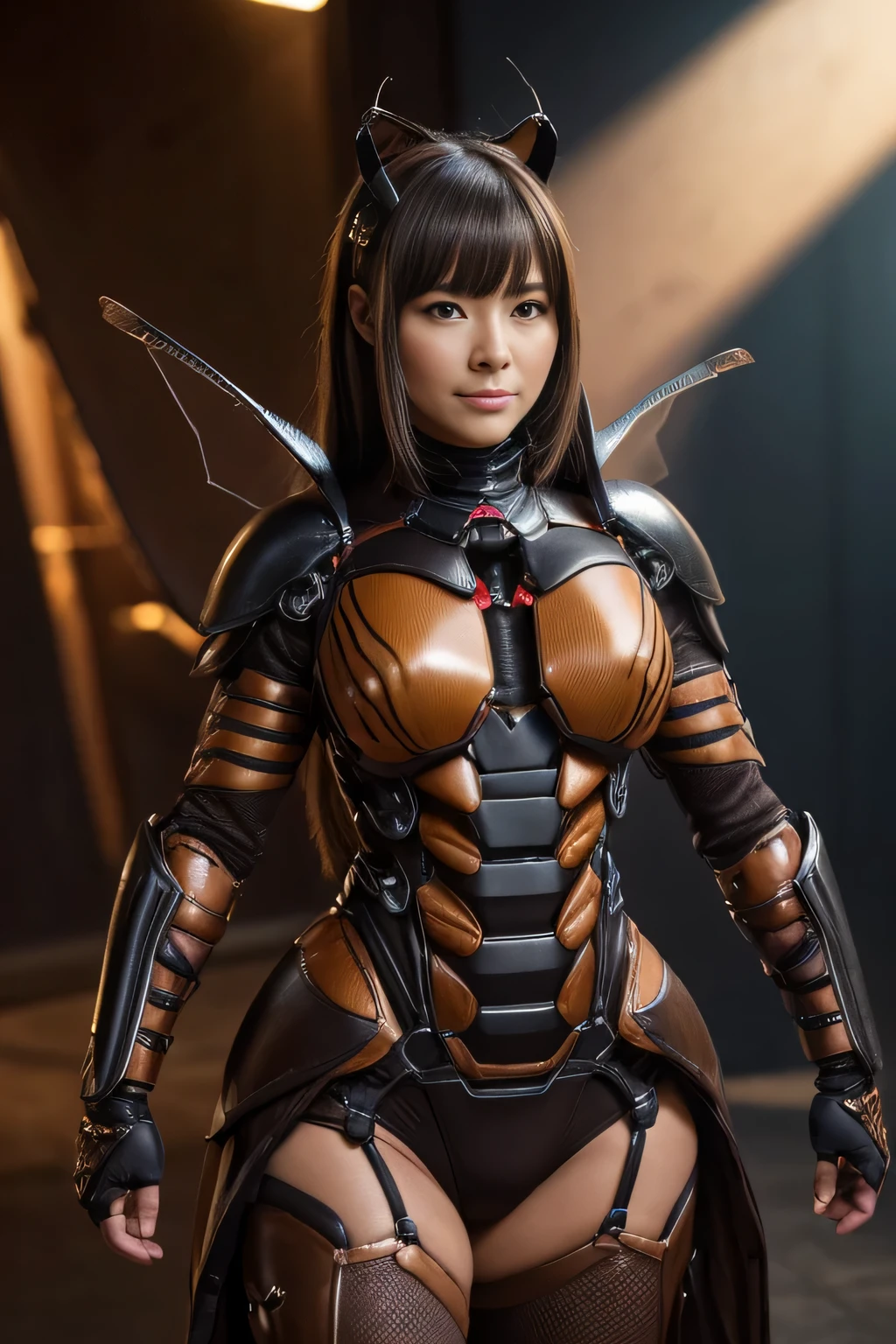(High resolution,masterpiece,highest quality,Very detailed CG, anime, official art:1.4), realistic, photograph, amazing detail, everything is complicated, shiny and glossy,Amazing number of layers, 8K wallpaper, 3D, sketch, cute, figure,( alone:1.4), perfect female proportions,villain's daughter, (Fusion of dark brown cockroach and lady:1.4), (brown cockroach woman:1.2), (brown cockroach woman:1.2), (Fusion:1.2), (alone:1.4), (evil smile:1.2), muscular, abs, (Cockroach brown exoskeleton bio insect suit:1.4), (Cockroach brown exoskeleton bio insect armor:1.2), (brown transparent cockroach feathers:1.4), (Antennae of brown cockroaches:1.3),