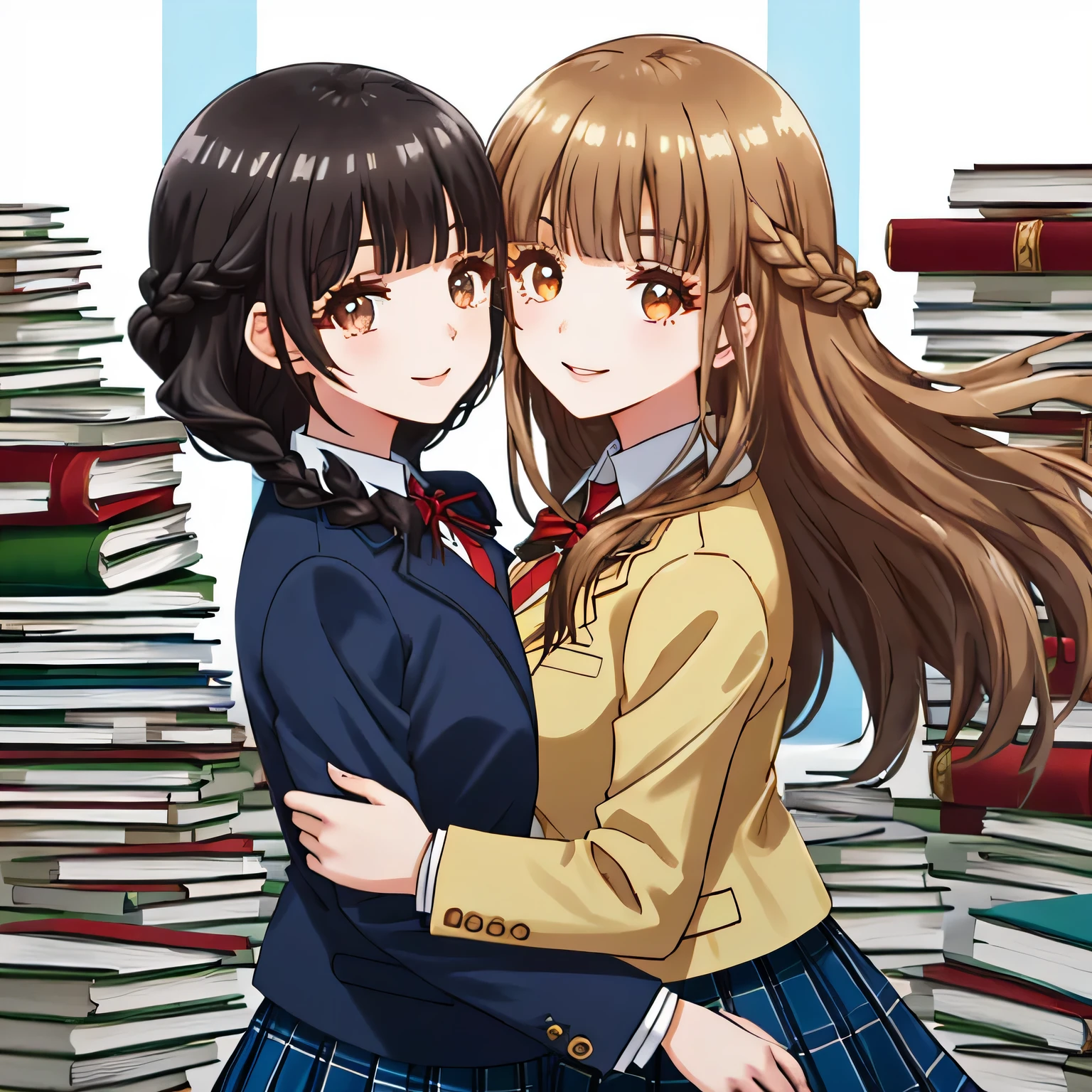 highest quality, (masterpiece:1.2), very detailed, Girl staring at the viewer, Glossy lips that make you want to kiss, nice smile, brown eyes, (((dark brown very long２Book symmetrical braid))), 15 years old, big shiny hair clip, school uniform, Dark blue and navy plaid skirt, middle long skirt, Luxurious navy blazer with a golden patch on the left chest, ((navy blue big shiny school ribbon tie.)), very shiny hair、laughter、bright look、Your face and hair shine in the light, I&#39;m so happy I can jump up, The expression of a cute maiden in love, The long skirt fabric has a beautiful deep blue checkered pattern.., cute expression, double eyelid, ((long eyelashey lower eyelashes are also long)), pure white background, The wind is blowing, shot from the side