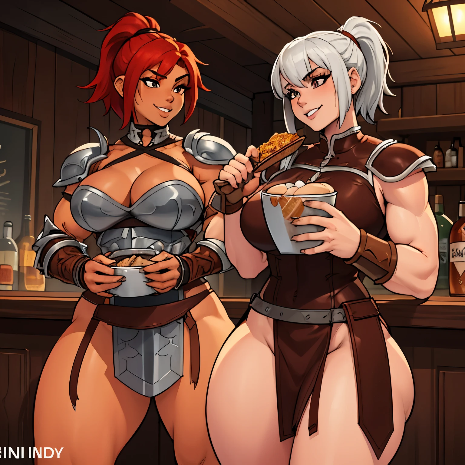 Full color 8K,masterpiece,A shot that will go down in history,(two women,(female barbarian,Red hair,ponytail hair,white skin,wild armor),(female thief,silver hair,short cut hair,brown skin,leather clothes)),Eating at the inn&#39;s bar,thick body, Smile and chat