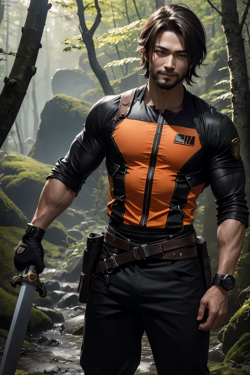 8k,派手な茶色のミディアムボブヘアの若いアジアpeopleの青年(24-years-old),challenging atmosphere,muscular slim body,super realistic skin,Severely cracked abdominal muscles,black and orange combat uniform,white inner shirt,black and orange combat pants,Carrying a large and long Japanese sword,naughty smile,Big eyes,black eye,Wear black combat uniform to hide your body,perfect hand shapeの詳細,comical pose,masterpiece,Photorealistic RAW photos of the highest quality。bright colors,rich colors, Backlight, cinematic lighting, film grain, to be born, 50mm lens, Nikon D850,detailed character art,fantasy art,ultra high resolution,super realistic skin,perfect hand shape,mountain path,people４(Hanamura Yosuke),wild(super realistic skin),one point beard,アジアpeople,abandoned temple,white shirt,Big eyes,