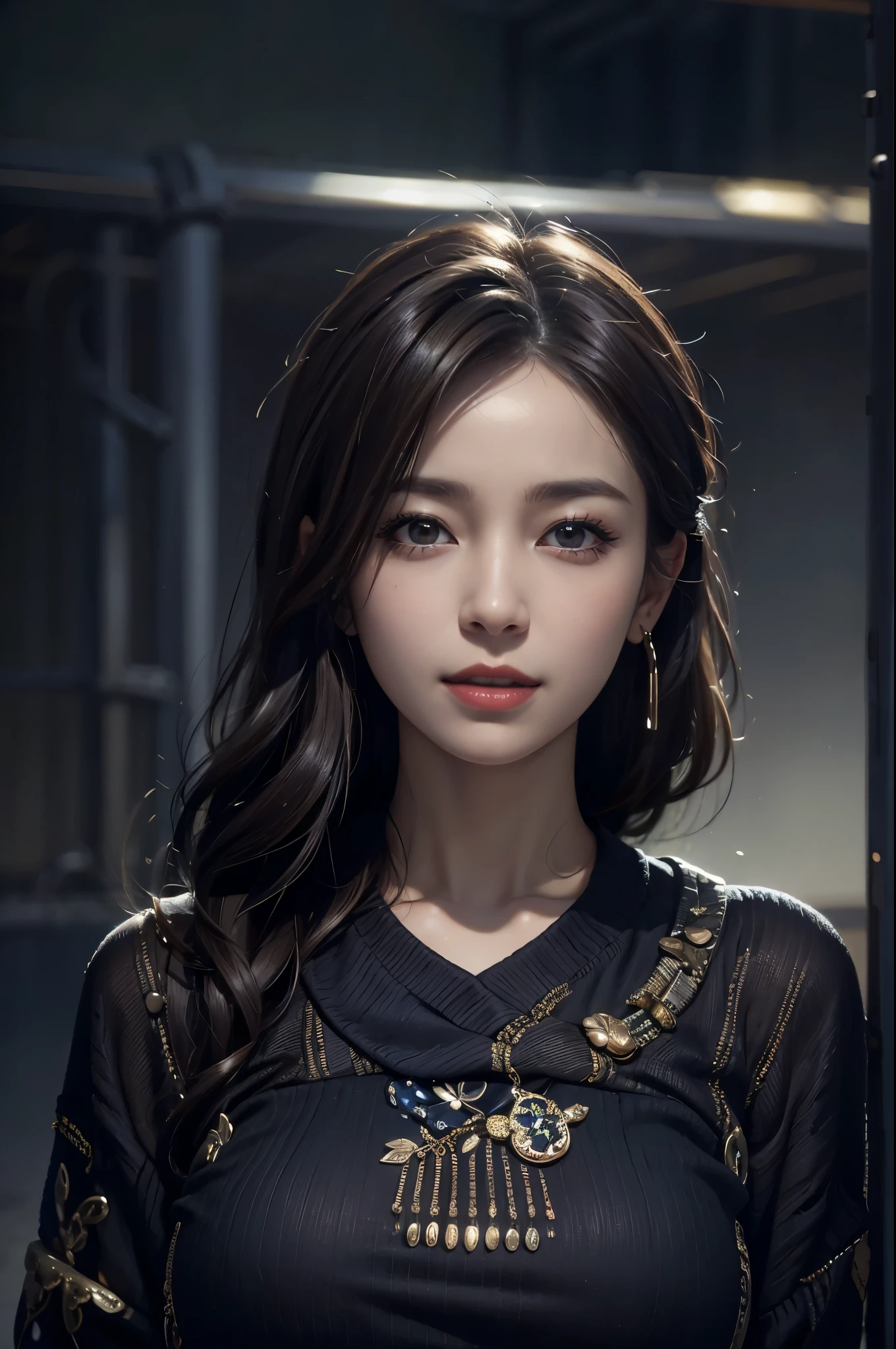 Wearing only one long shirt, (all buttons open: 1.1), big breasts, deep cleavage, best quality, masterpiece, illustration, very delicate and beautiful, very detailed, CG, unity, 8K wallpapers, amazing, fine detail, very detailed CG Unity 8K wallpapers, huge file size, very detailed, high resolution, handsome detail woman, very detailed eyes and face, wonderful detailed eyes, light on face, (Best Illustration: 1.1), (Best Shadow: 1.1), Ultra High Resolution, (Photoreal: 1.1), (Photo Realistic: 1.2:1.1), Realistic Face Proportions, Slender, Smile, (Makeup: 0.4), (Fluffy Black Eyes: 1.21), Black Eyes, Looking at the Viewer, Dark Brown Hair, Earrings, Necklaces, Hairpins, Cowboy Shots, (Irregular Irregular Skin Imperfections, Veins, Skin Wrinkles Pores: 1.2), (Dark Night Background: 1.2), (Bokeh: 1.4),