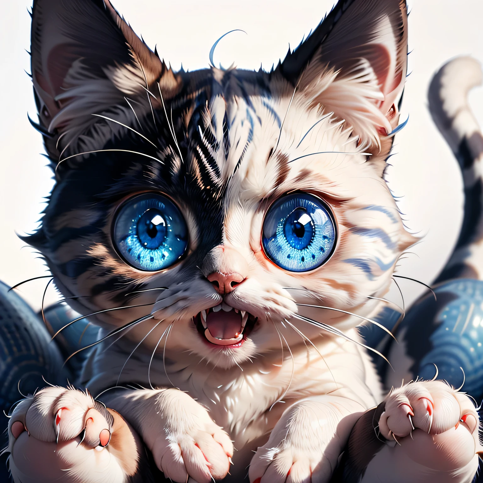 giant eyes,One,I look at the viewer with blue eyes,White background,Sitting,open mouth, sharp small teeth, whole body,no people,animal,cat with two huge eyes,