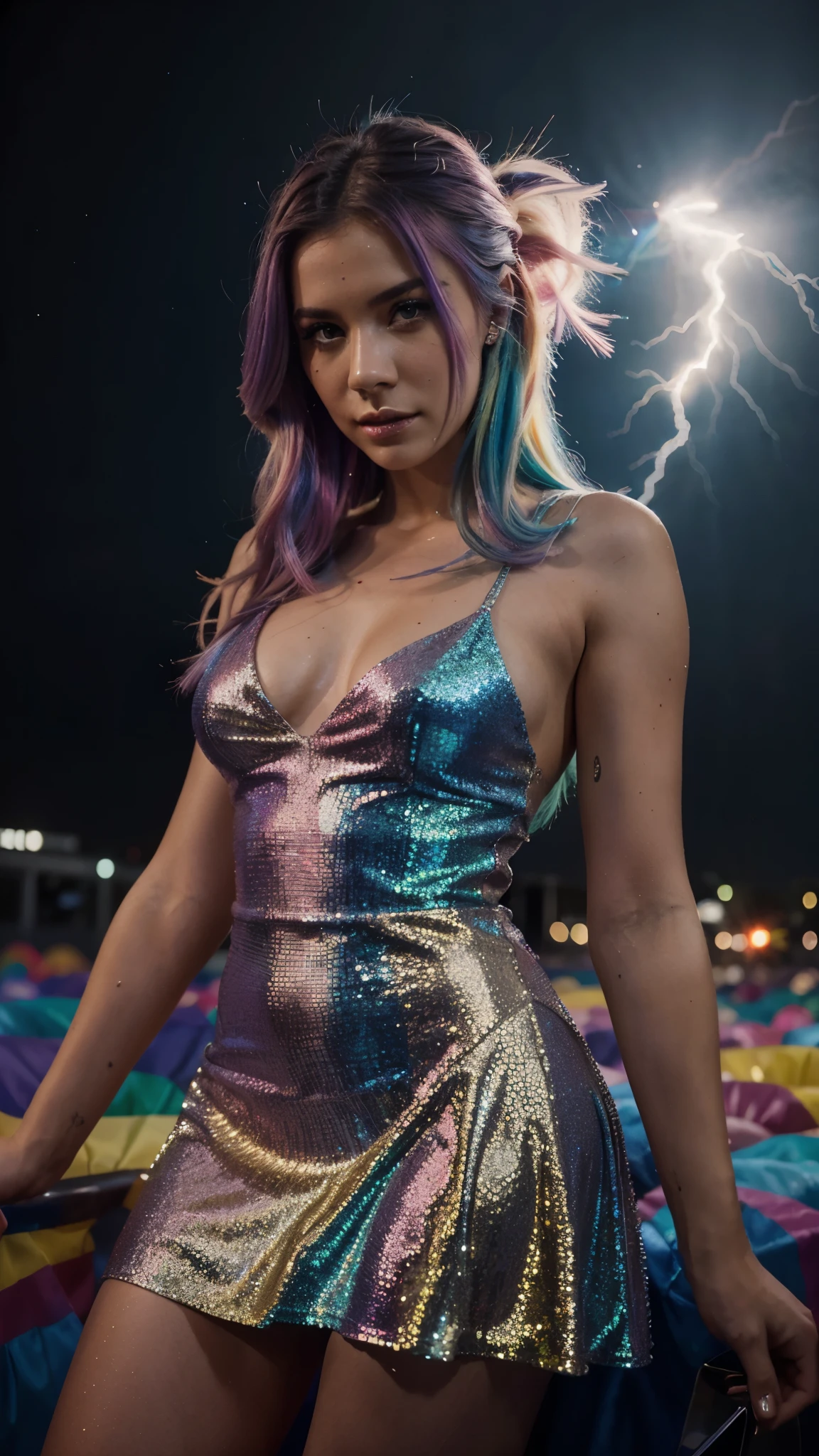 Young woman, rainbow color hair, beautiful face, (fashion model portrait), (glittering party dress, cinematic lightning