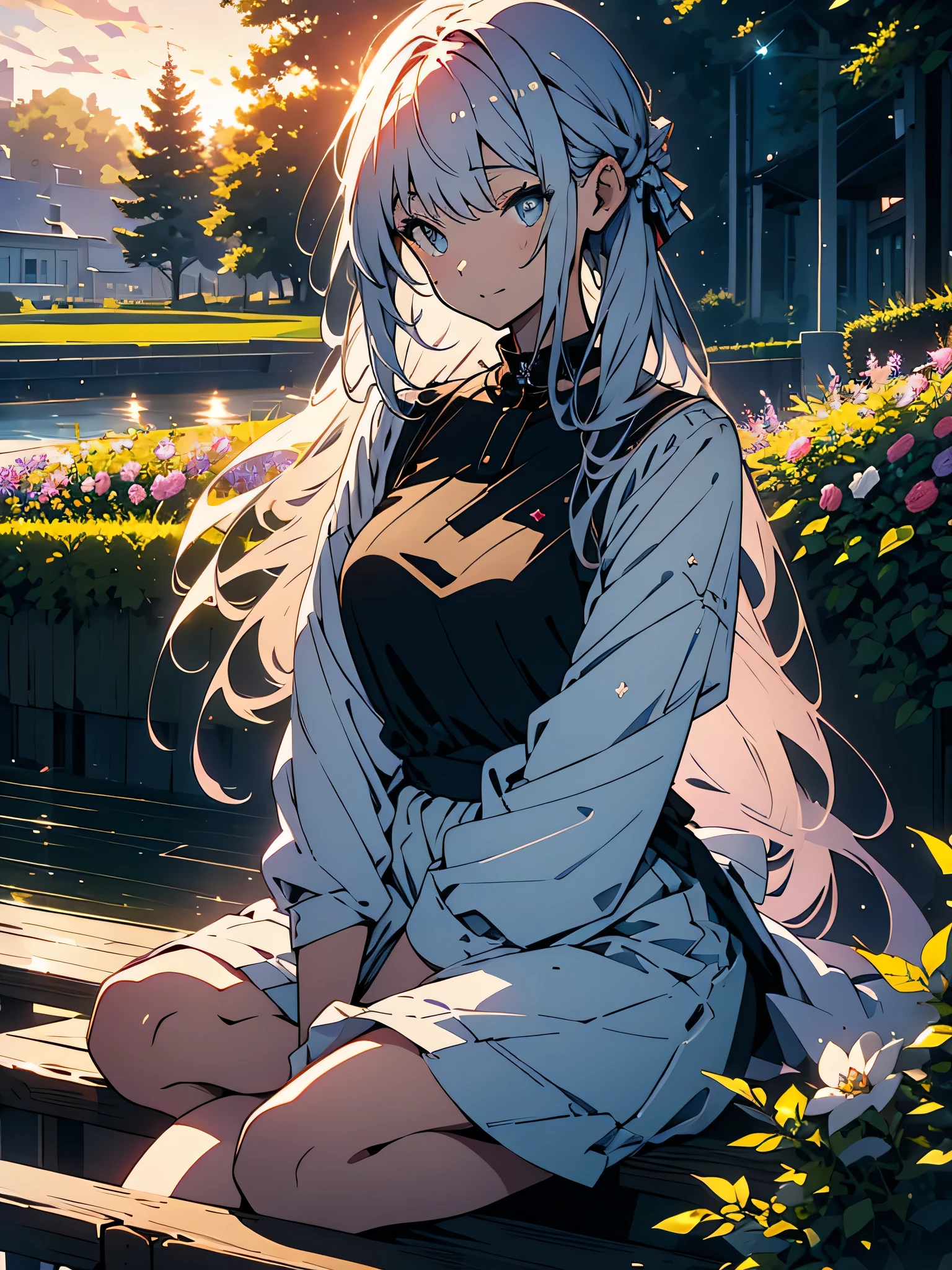 (masterpiece, highest quality,shining eyes、From Kira), One girl with long gray hair sitting in a field of green plants and flowers, warm moonlight, blurred foreground, change, River bank, bra shorts, enchanting eyes、beautiful anime