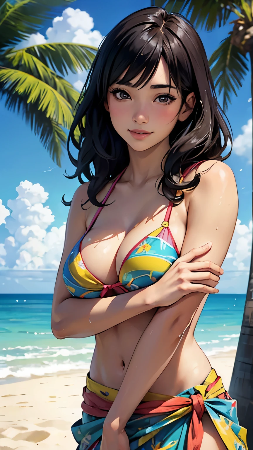 ((highest quality, masterpiece, High resolution))、beautiful japanese woman、((anime art))、(((two beautiful girls)))、((Two people kissing cheek to cheek))、cute face、 ((Detailed depiction of a beautiful face))、smile gently、young、bikini swimwear、photorealistic perfect body、(A pareo skirt with a bold ethnic pattern on the waist and plenty of primary colors.)、realistic skin、Wet、whole body、cinematic light、tropical、Against the background of palm trees、on a sunny beach、With the sea in the background、blur background、