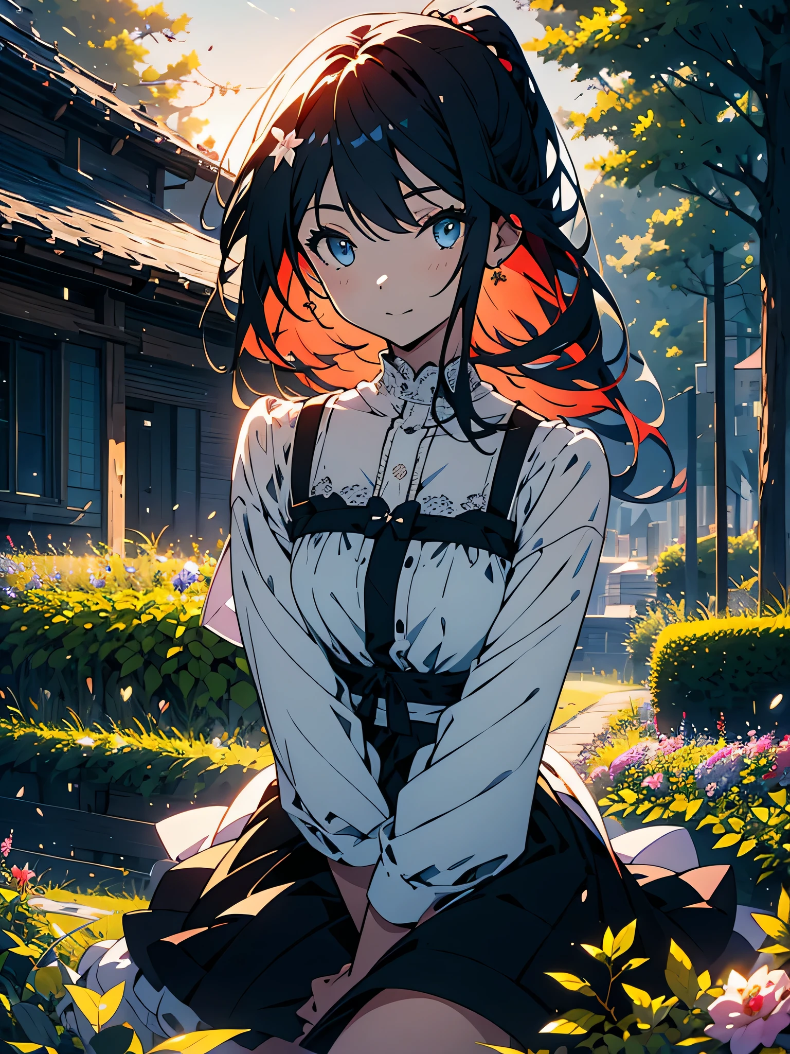 (masterpiece, highest quality,shining eyes、From Kira), One girl with long gray hair sitting in a field of green plants and flowers, warm moonlight, blurred foreground, change, River bank, bra shorts, enchanting eyes、beautiful anime