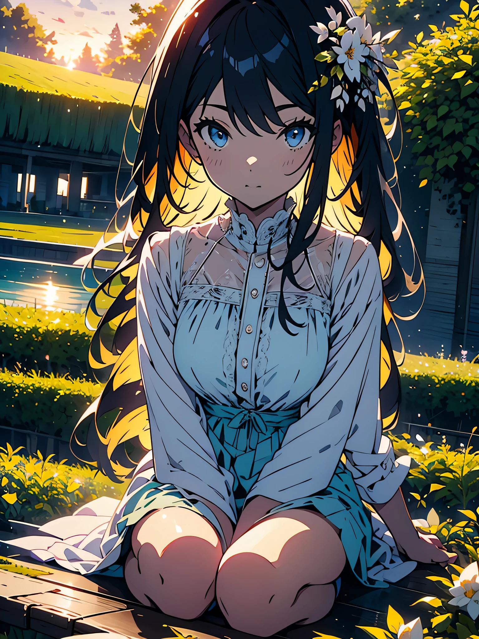 (masterpiece, highest quality,shining eyes、From Kira), One girl with long gray hair sitting in a field of green plants and flowers, warm moonlight, blurred foreground, change, River bank, bra shorts, enchanting eyes、beautiful anime