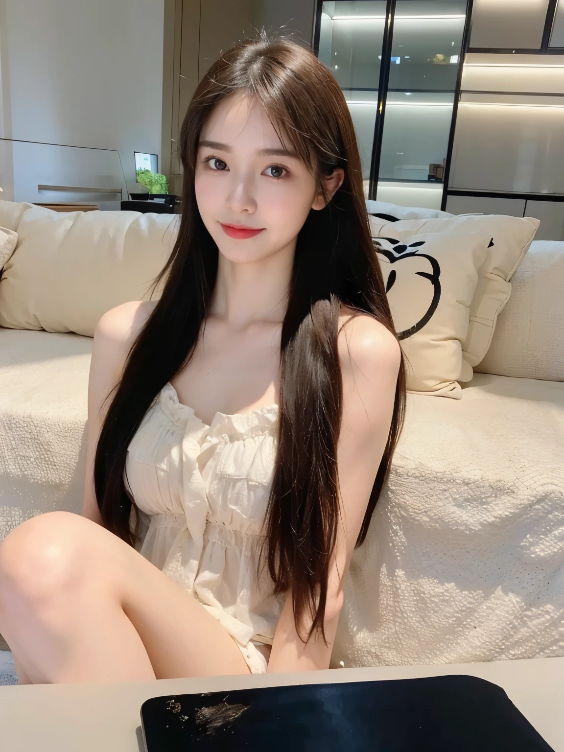 (ultra-realistic realism), (illustratio), (high resolution), (8K), (extremely detaile), (best illustration), (Beautiful and delicate eyes), (Best quality), (Super detailed), (tmasterpiece), (Wallpapers), (Detal Face), Tik, (dynamicposes), Full body image of a person with long hair and a tank top, hinata hyuga, hinata hyuga from naruto, from naruto, as an anime character, perfect anime face, she has dark blue hair with tied up , female anime character, anime characters, best anime girls, style hime cut hair, dark blue hair, pink lips, light purple eyes, smile, (pretty face:1.3)with camisole dress
