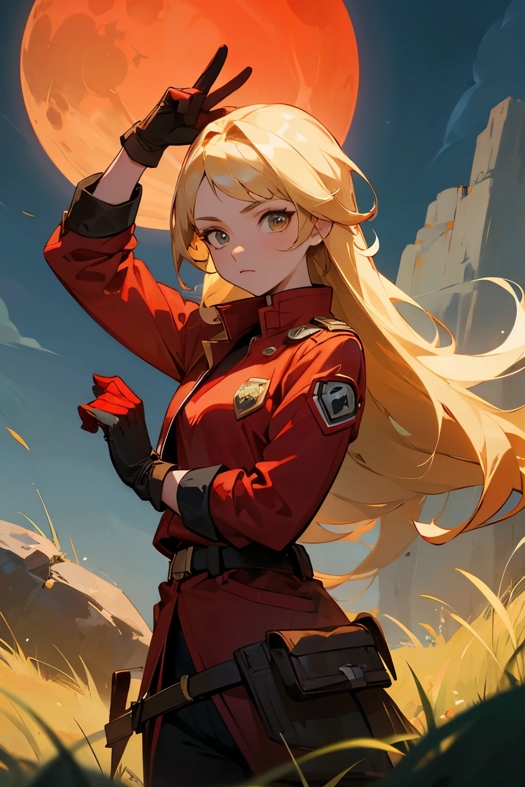 avatar,long hair, red shirt,red jacket, young female, hazel eyes, moon, blonde hair, rock terrain, grass background, gloves