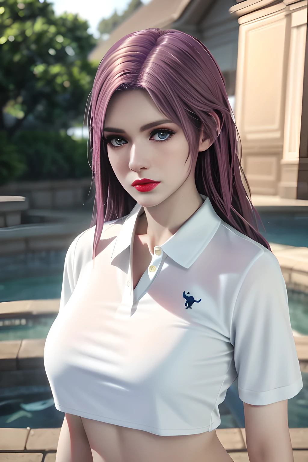 night,moonlight,1 girl,(White polo shirt:1.4),(casual pants),Outdoor activities,  (standing posture),grace,(((red lips))), Lips slightly open,  clavicle,(huge :1.3),skin shiny,((8k, original photo, top quality, masterpiece)), HD RAW color photos professional close-up photos, (actual, photorealism: 1.37), (best quality),8k,Define detailed faces, tiny details,alone,Alice,