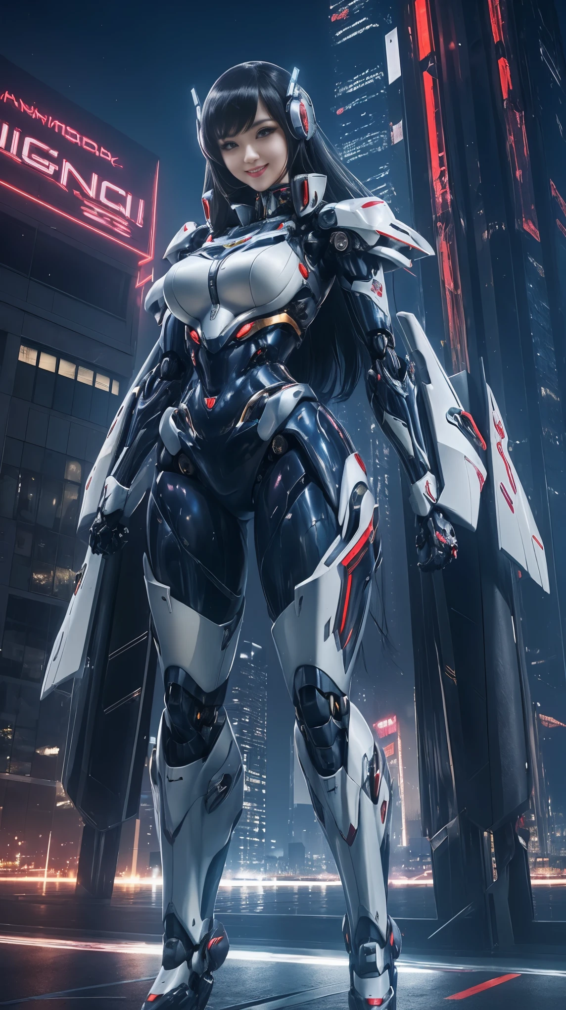 ((Works, best quality, Edge quality)), smiling, excited, edgMecha, ((beautiful woman)) in a robot suit standing in front of the city at night, woman wearing edg Mecha, mecha suit, navel