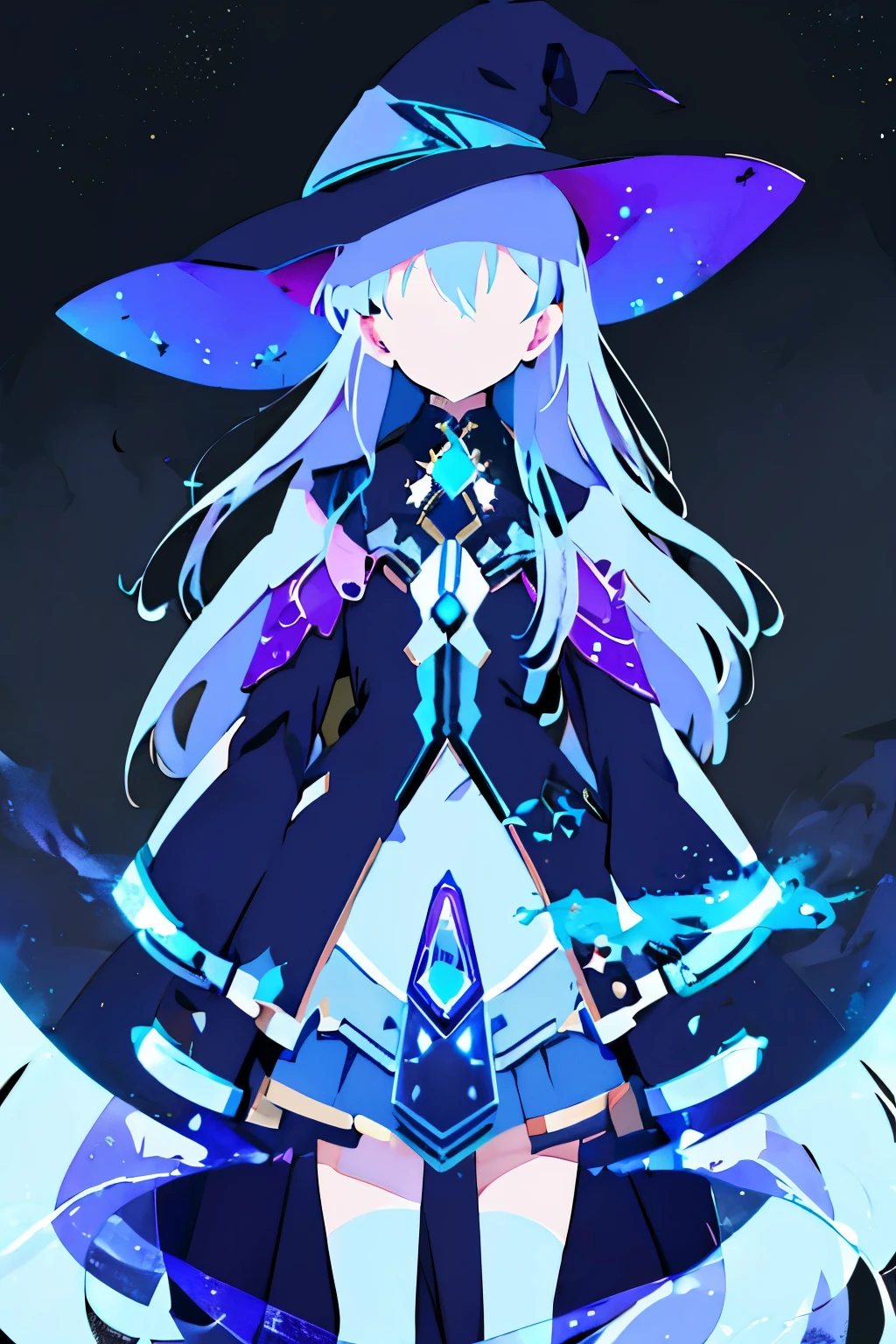 ((Super shiny hologram metallic clear magical circle, ancient latters)), bold pose, perfect lighting, A girl with long silver hair wearing a witch hat stands alone in an outdoor scene. The girl's hair is intricately detailed, flowing freely in the gentle breeze. heHer witch hat is adorned with intricate patterns and adds a touch of mystery to her appearance. sky above is a vibrant shade of blue,This artwork is a masterpiece, with ultra-detailed features that bring the scene to life. The artwork showcases the beauty of nature and the enchantment of the witch's world.