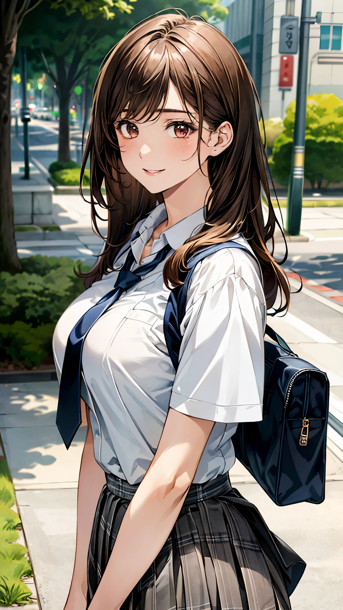 (masterpiece:1.3, top-quality), ultra high res, ultra detailed, (realistic, photorealistic:1.4), beautiful illustration, perfect lighting, colorful, depth of fields, 
looking at viewer, (face focus, upper body), 1 girl, solo, hight school girl, gravure model, (large breasts:0.8, large ass, seductive thighs, skindentation),
(long hair:1.2, straight hair:1.2, (saddle-brown colored) hair), asymmetrical bangs, (brown) eyes, drooping eyes, big eyes, shiny skin, 
beautiful hair, beautiful face, extremely detailed face, beautiful detailed eyes, beautiful clavicle, beautiful body, beautiful chest, beautiful thigh, beautiful legs, beautiful fingers, 
(detailed cloth texture, navy knit vest, collared short sleeve white shirt, grey plaid pleated skirt, grey plaid tie), black socks, white panties, black school bag,
(beautiful scenery), evening, (downtown, staircase), walking, (lovely-smile), 
