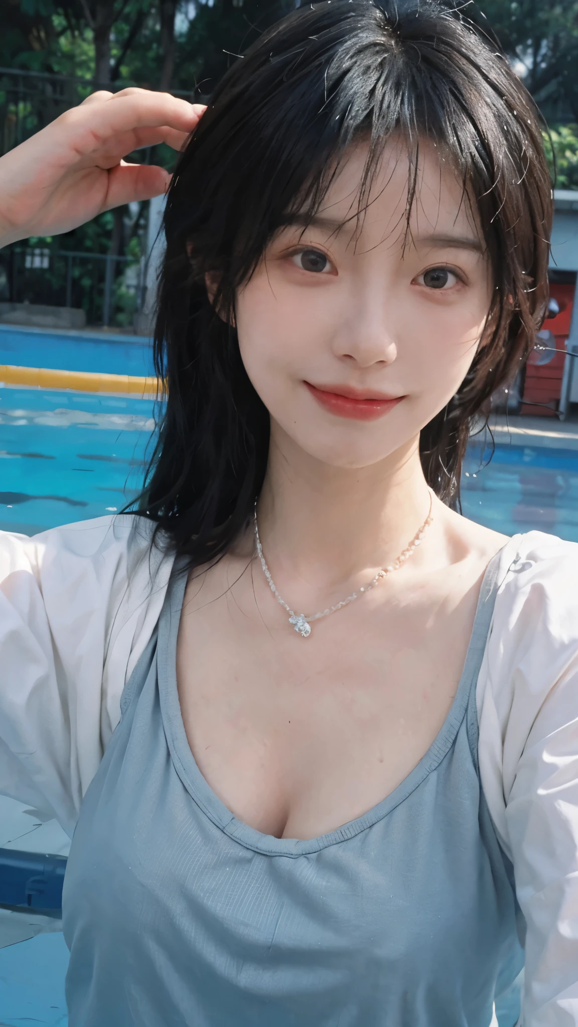 best quality, ultra high resolution, (realistically:1.4), issued,Baoyu Girl,,A pair of clear and charming peach blossom eyes,Royal sister,Uniforms,The sun shines on the face,scroll,(swimming pool playground:1.4),(necklace:1.2),(White skin:1.9),(Full body female love:1.2)a sense of atmosphere,a beautiful girl, Smile,Looking directly at the viewer, Close-up cleavage ,(lifelike:1.4),1 girl,Sexy,(Upper body:1.4),(wet),(:1.2)