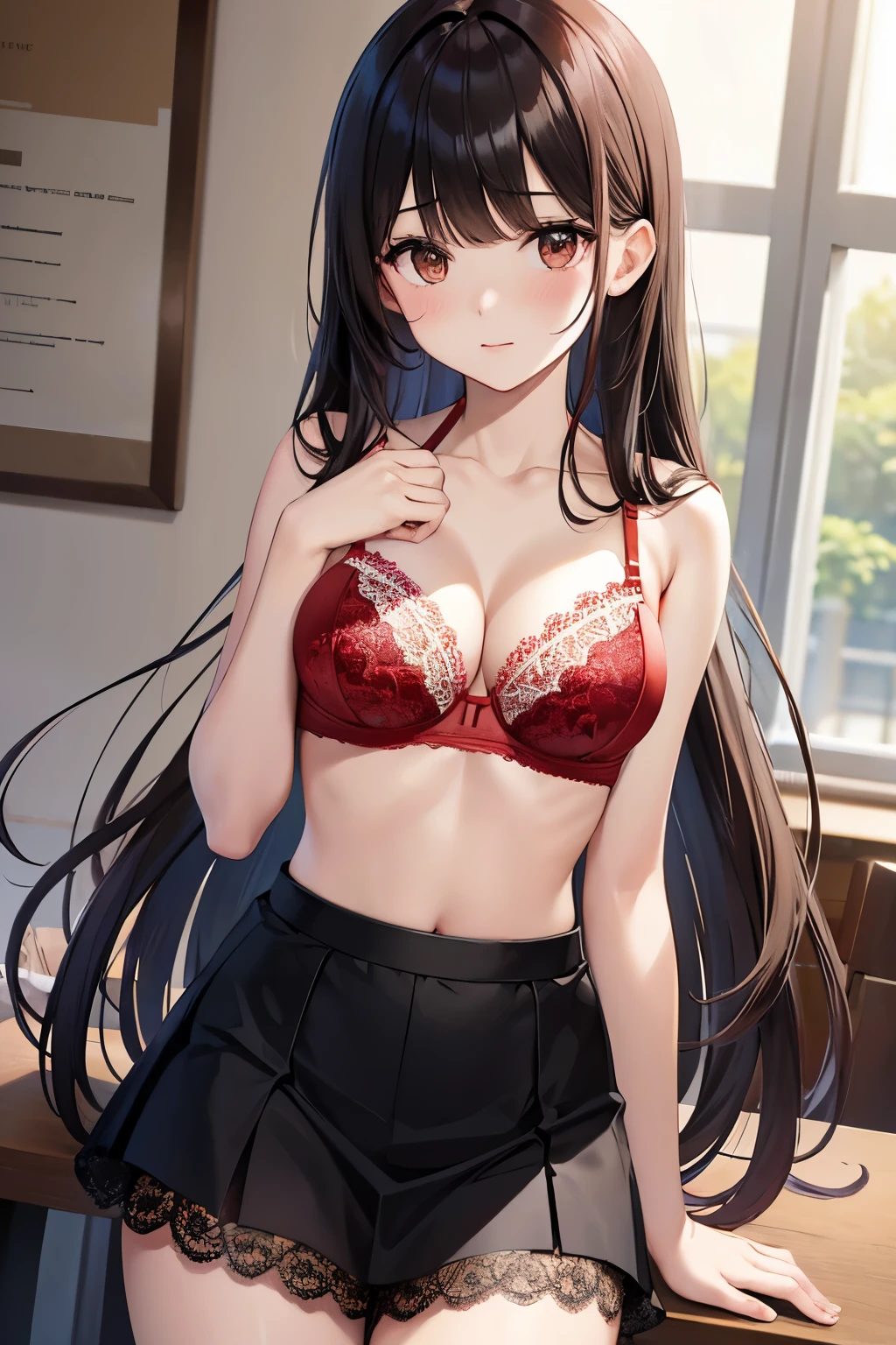 best quality, highres,Slender、brown eyes、tall、(bangs bangs:1.5)、long hair,straight hair、classroom、19 years old、(Light red lace bra:1.5)、black skirt、black hair 、8 life size
