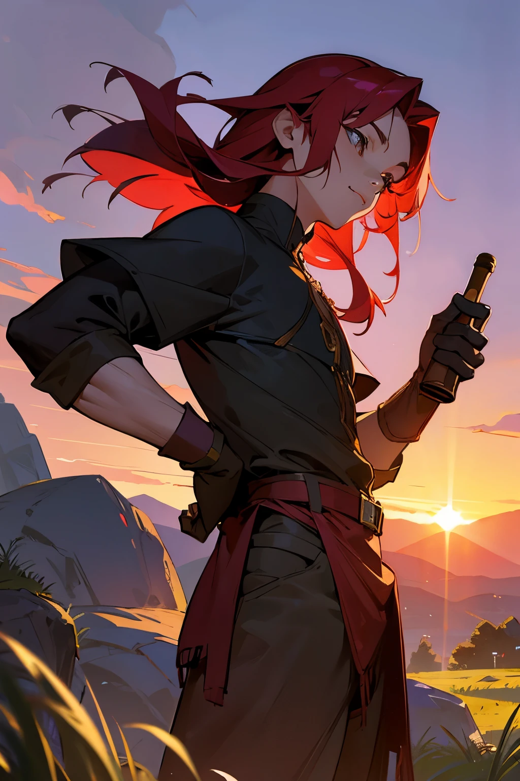 avatar,medium length hair, black shirt, young kid, hazel eyes, sunset, wine red hair, muscular, rock terrain, grass background, purple gloves