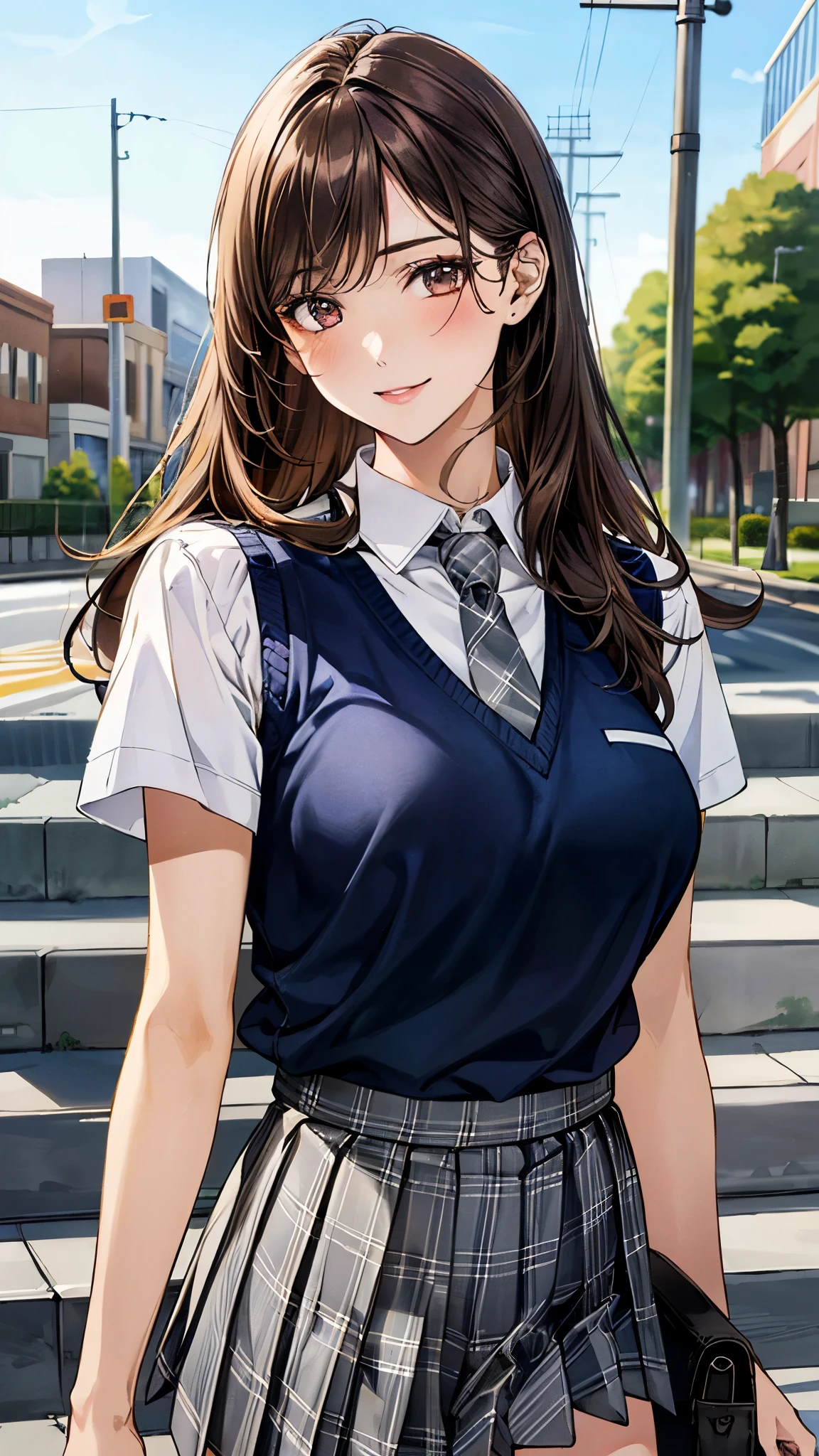 (masterpiece:1.3, top-quality), ultra high res, ultra detailed, (realistic, photorealistic:1.4), beautiful illustration, perfect lighting, colorful, depth of fields,
looking at viewer, (face focus, upper body), 1 girl, solo, hight school girl, gravure model, (large breasts:0.8, large ass, seductive thighs, skindentation),
(long hair:1.2, straight hair:1.2, (saddle-brown colored) hair), asymmetrical bangs, (brown) eyes, drooping eyes, big eyes, shiny skin,
beautiful hair, beautiful face, extremely detailed face, beautiful detailed eyes, beautiful clavicle, beautiful body, beautiful chest, beautiful thigh, beautiful legs, beautiful fingers,
(detailed cloth texture, navy knit vest, collared short sleeve white shirt, grey plaid pleated skirt, grey plaid tie), black socks, white panties, black school bag,
(beautiful scenery), evening, (downtown, staircase), walking, (lovely-smile),