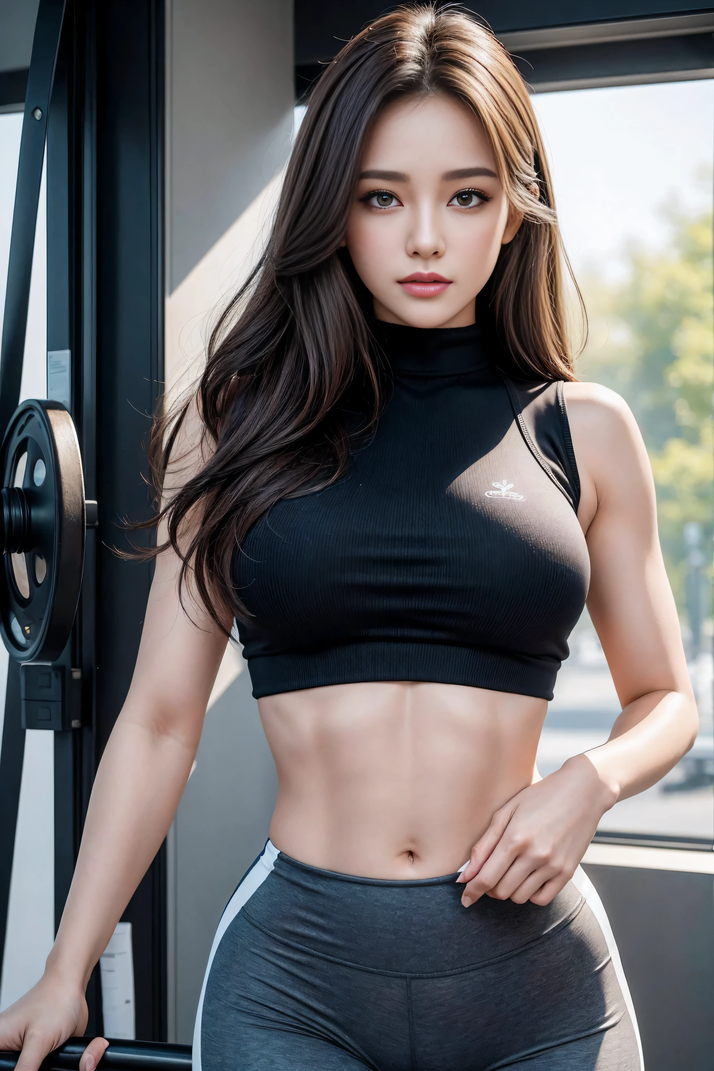 （（best quality，4k，masterpiece：1.3）），Beautiful woman with perfect body：1.4，（Vest line，muscular hands:1.2），Dark brown hair，，white yoga pants，soak，Gym，Highly detailed face and skin textures，exquisite eyes，double eyelids，