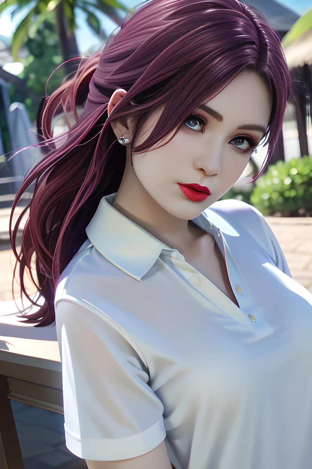 night,moonlight,1 girl,(White polo shirt:1.4),(casual pants),Outdoor activities,  (standing posture),grace,(((red lips))), Lips slightly open,  clavicle,(huge breasts:1.3),skin shiny,((8k, original photo, top quality, masterpiece)), HD RAW color photos professional close-up photos, (actual, photorealism: 1.37), (best quality),8k,Define detailed faces, tiny details,alone,Alice,