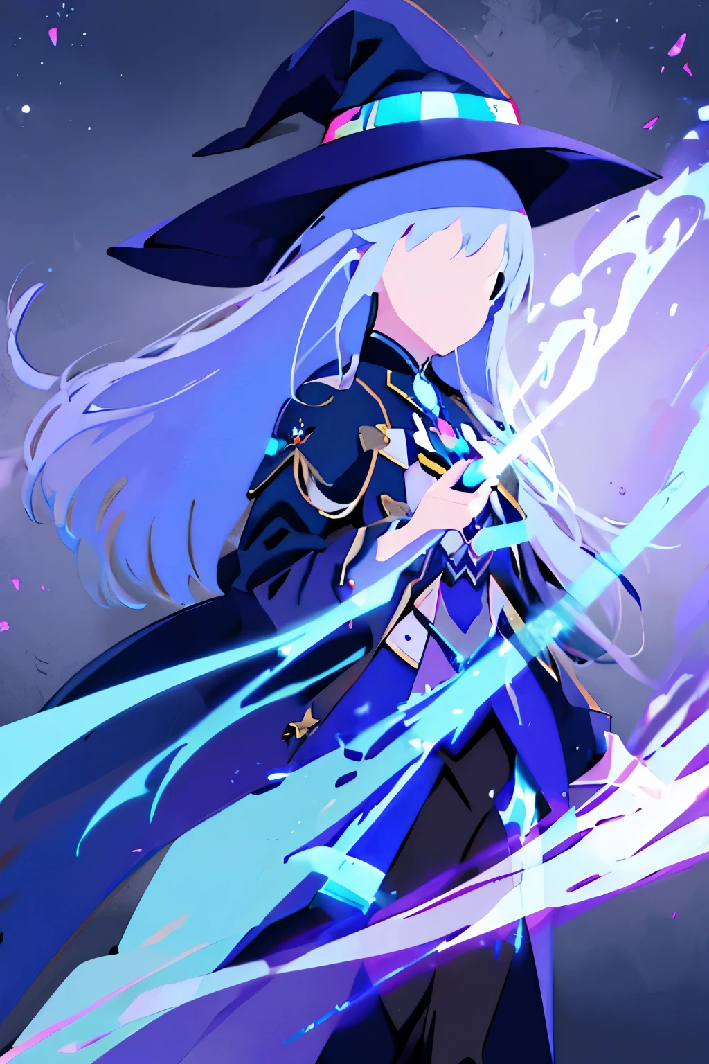 ((Super shiny hologram metallic clear magical circle, ancient latters)), bold pose, perfect lighting, A girl with long silver hair wearing a witch hat stands alone in an outdoor scene. The girl's hair is intricately detailed, flowing freely in the gentle breeze. heHer witch hat is adorned with intricate patterns and adds a touch of mystery to her appearance. sky above is a vibrant shade of blue,This artwork is a masterpiece, with ultra-detailed features that bring the scene to life. The artwork showcases the beauty of nature and the enchantment of the witch's world.
