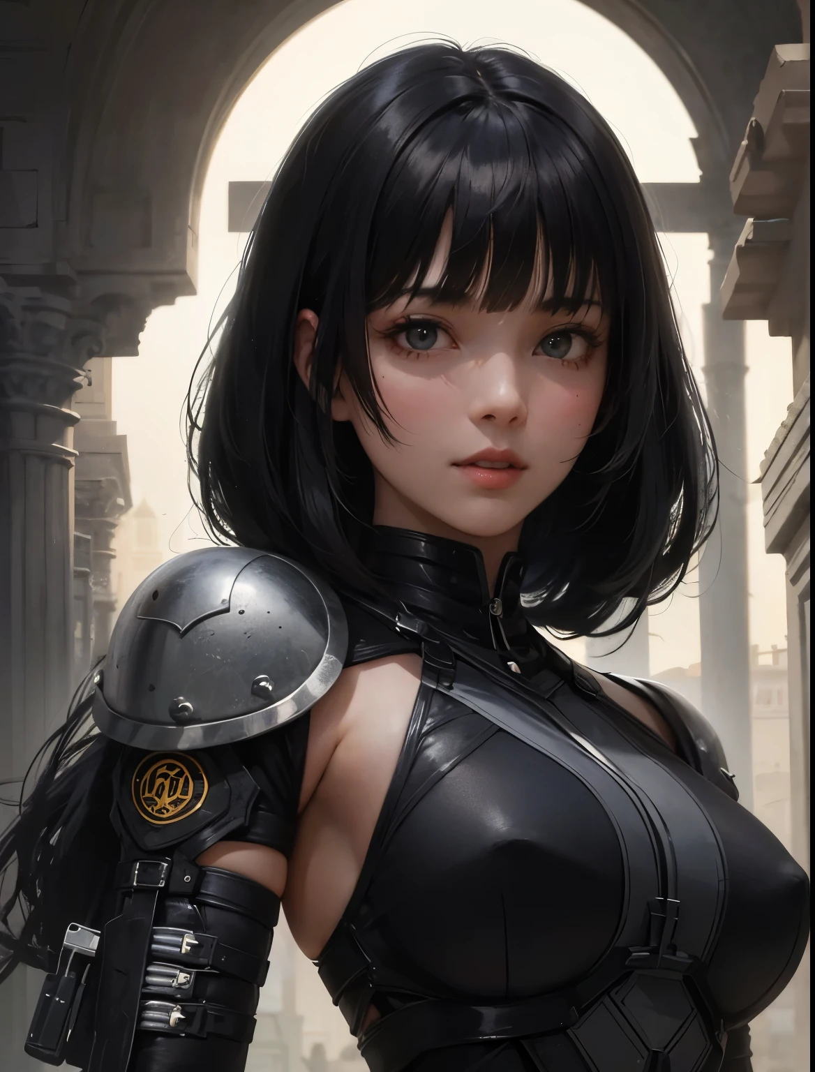 A beautiful woman. Black hair. Her bangs are down. Her bangs are cut in a straight line at her forehead. Late twenties. She wears a black metallic battle uniform. She holds a large futuristic gun and has a fearless smile on her face. The location is inside a dimly lit ancient temple.