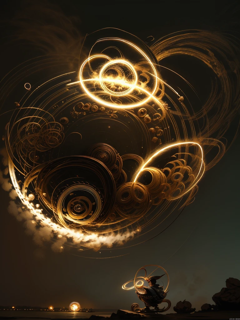 8K high resolution and sharp image, La imagen debe ser super original y compleja, con una variedad de colores hermosos y vibrantes.(Obra maestra, Mejor calidad), This illustration captures a ((circulo magico:1.5)) mecanizado poderoso, The backdrop of this masterpiece is nothing short of epic..,de noche, mostrando una escena con fuegos artificiales, 32k