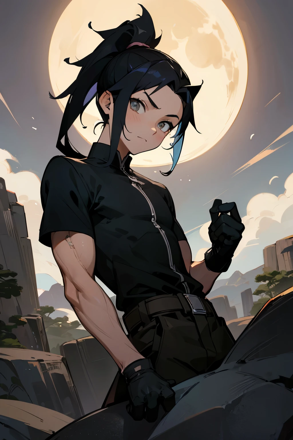 avatar,ponytail, black shirt, young kid, hazel eyes, moon, black hair, muscular, rock terrain, gloves, male