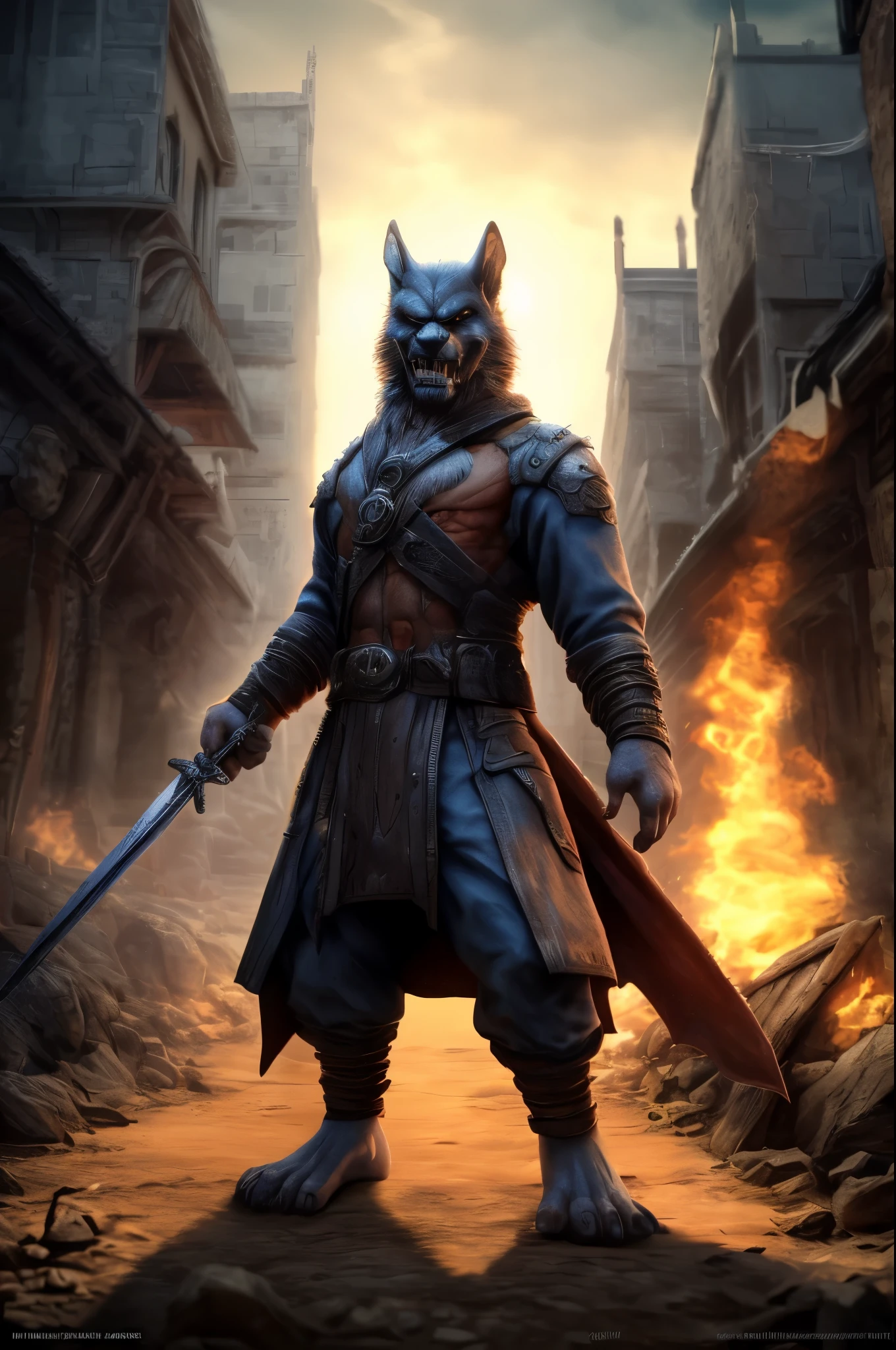 (((Barefoot furry character, full body, cinematic setting, furry male))) Angry, intimidating, holding sword. BREAK, detailed background, 8K, (masterpiece:1.5), intricate details, highly detailed, extreme detail, octane render, tritone image, fine art, best quality, highres, (detailed face:1.5), ((full_body)), UHD, (((perfect hands)))