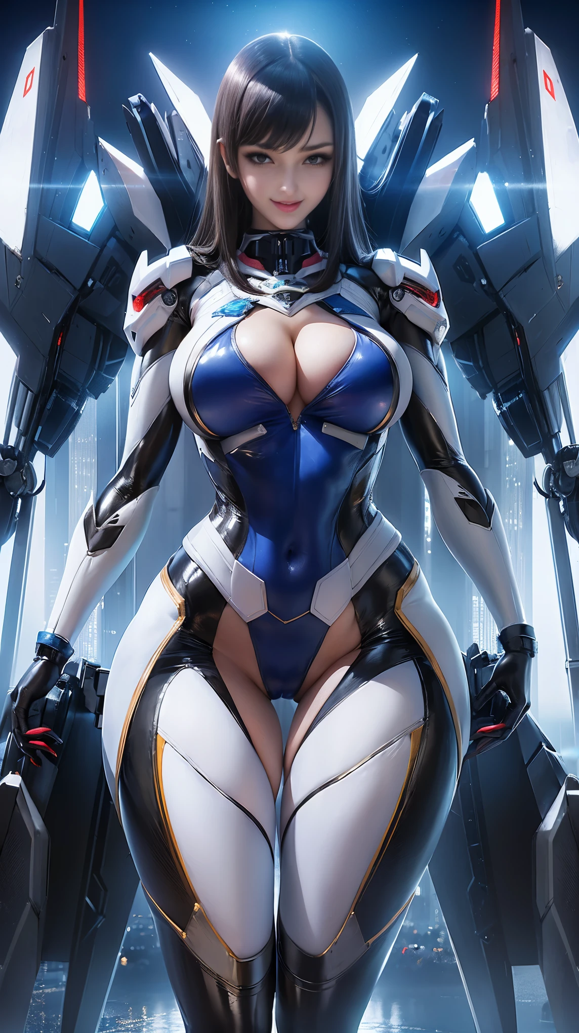 ((Works, best quality, Edge quality)), smiling, excited, Mecha, ((beautiful woman)) in a robot suit standing in front of the city at night, woman wearing Mecha, mecha suit, navel