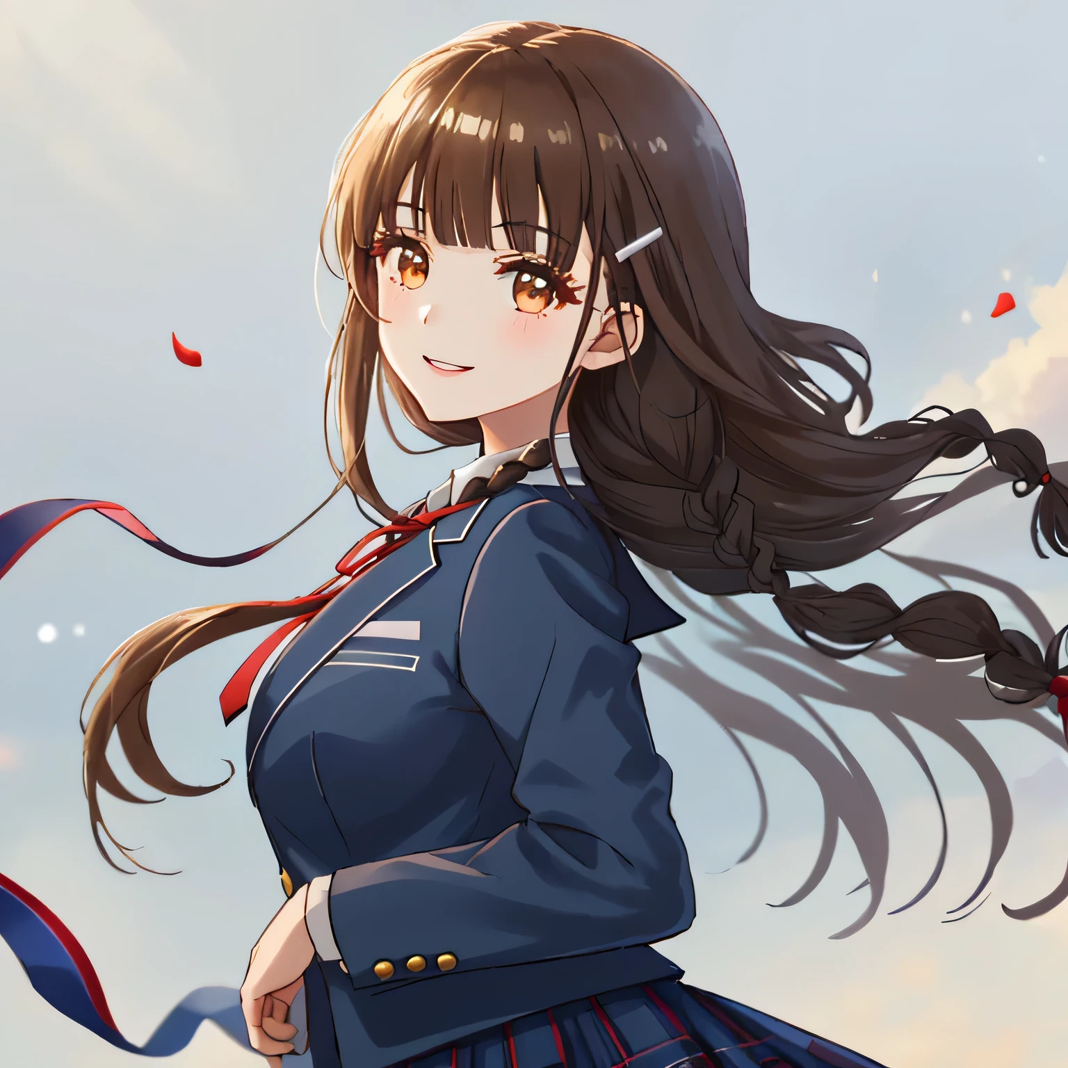 highest quality, (masterpiece:1.2), very detailed, Girl staring at the viewer, Glossy lips that make you want to kiss, nice smile, brown eyes, (((very long dark brown braids))), twin symmetrical braids, 15 years old, big shiny hair clip, school uniform, Dark blue and navy plaid skirt, middle long skirt, Luxurious navy blazer with a golden patch on the left chest, ((navy blue big shiny school ribbon tie.)), very shiny hair、laughter、bright look、Your face and hair shine in the light, I'm so happy I can jump up, The expression of a cute maiden in love, The long skirt fabric has a beautiful deep blue checkered pattern.., cute expression, double eyelid, ((long eyelashey lower eyelashes are also long)), pure white background, The wind is blowing, shot from the side