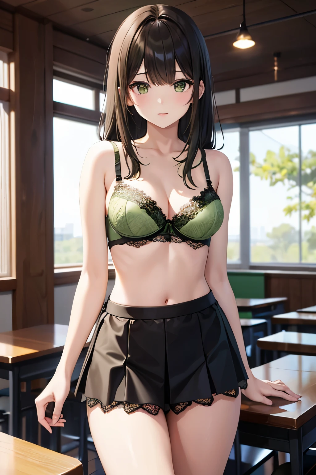 best quality, highres,Slender、brown eyes、tall、(bangs bangs:1.5)、long hair,straight hair、classroom、19 years old、(Light green lace bra:1.5)、black skirt、black hair 、8 life size