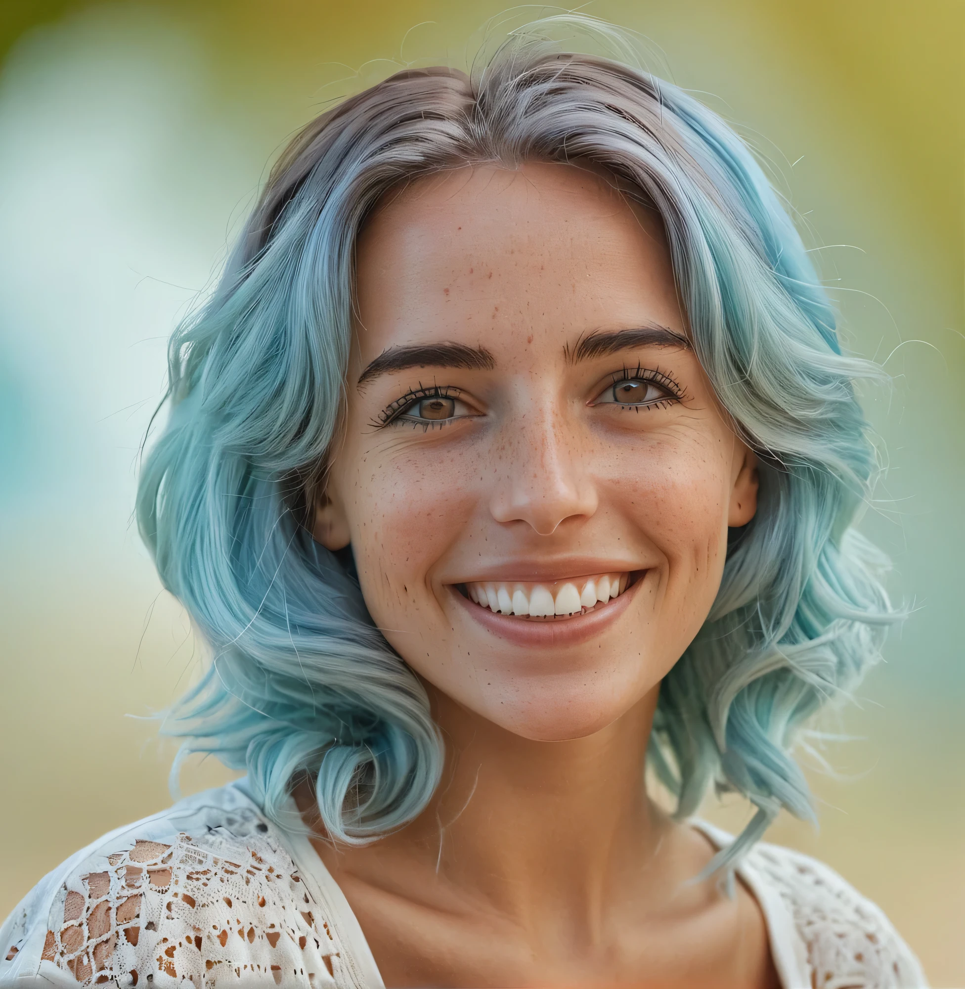 hyper detailed portrait on a Italian istangra model in a summer clothes. Light blue hair, big smile and brown eyes
