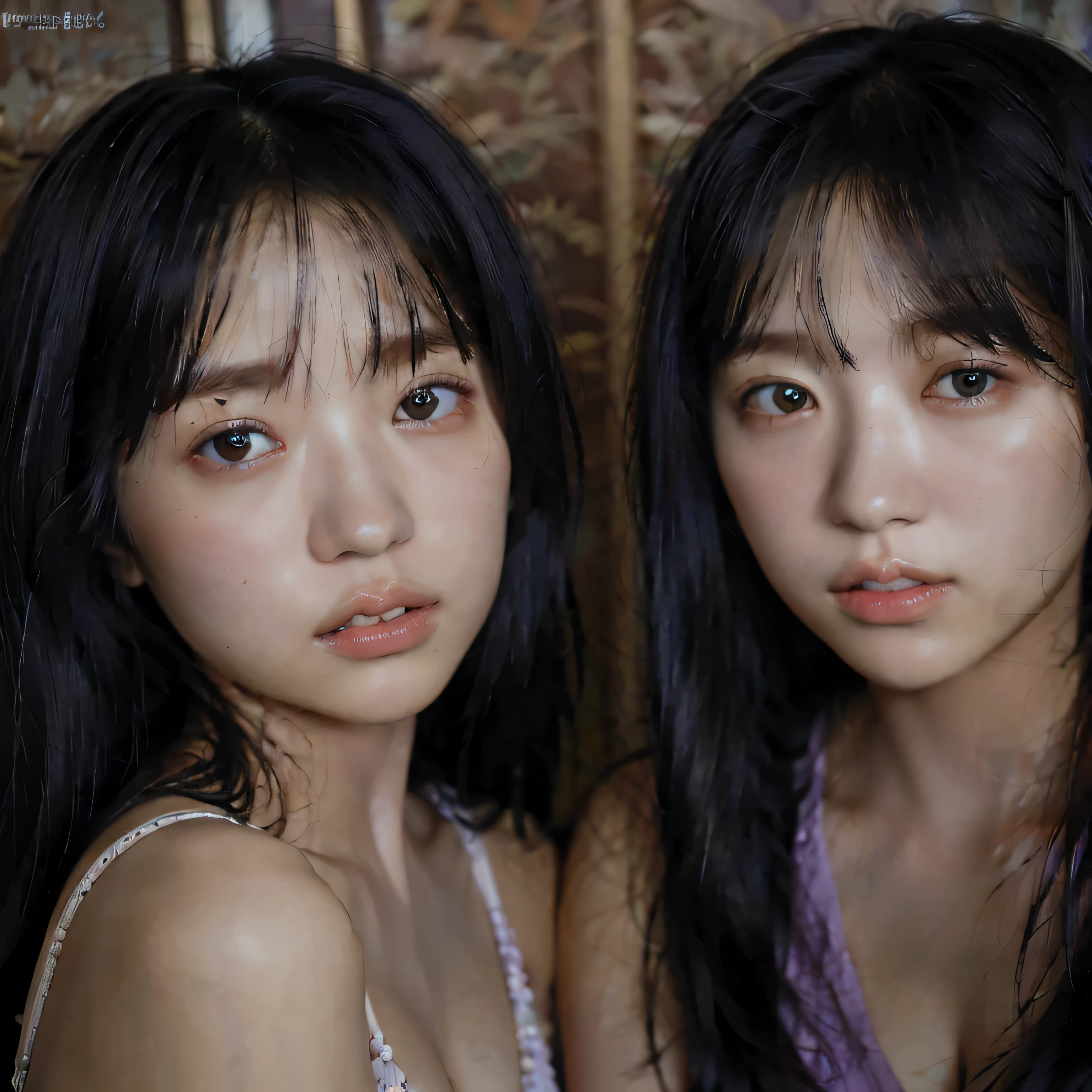 6 identical twin sisters, clear facial features, close, happy and golden retriever, black hair, walk on a mountain path.(8k、Live shooting、highest quality、masterpiece:1.2)、Super detailed、super resolution、(hyper genuineity、)Super detailed、super resolution、(genuine、genuine photo:1.47)、highly detailed face、highly detailed eyes、非常にgenuineな肌、 highly detailed fingers, highly detailed nose, highly detailed mouth, highly detailed background,