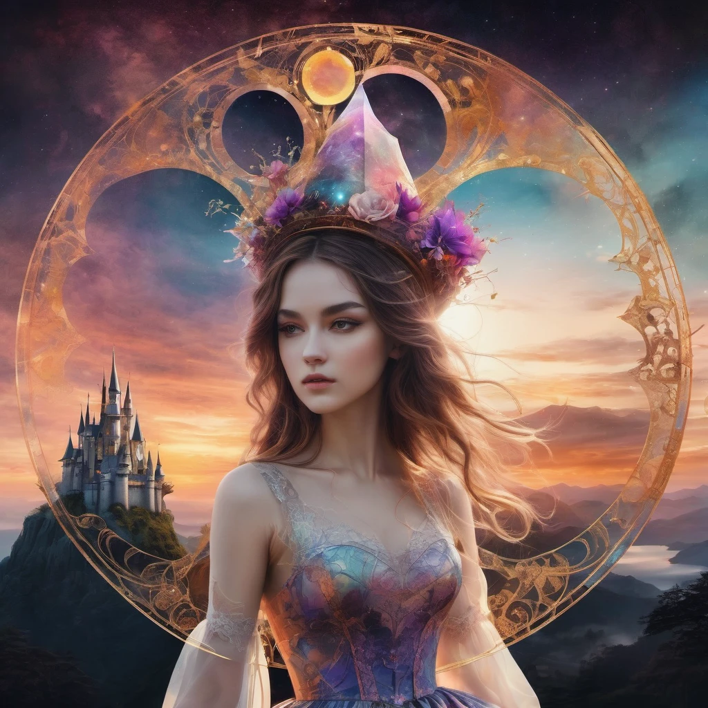 (Magic Circle:1.5), aesthetic, extremely detailed, Digital fantasy double exposure watercolor silhouetted pretty young sorceress woman with witch hat doing a magic spell with a present castle sunset in the dress. Geometric forms in the background, by Waterhouse, Carne Griffiths, Minjae Lee, Ana Paula Hoppe, Stylized watercolor art, Intricate, Complex contrast, HDR, Sharp, soft Cinematic Volumetric lighting, flowery fractal colours, wide long shot, perfect masterpiece