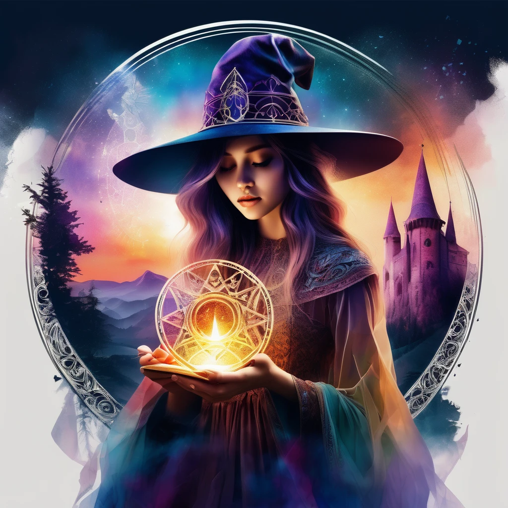 (Magic Circle:1.5), aesthetic, extremely detailed, Digital fantasy double exposure watercolor silhouetted pretty young sorceress woman with witch hat doing a magic spell with a present castle sunset in the dress. Geometric forms in the background, by Waterhouse, Carne Griffiths, Minjae Lee, Ana Paula Hoppe, Stylized watercolor art, Intricate, Complex contrast, HDR, Sharp, soft Cinematic Volumetric lighting, flowery fractal colours, wide long shot, perfect masterpiece