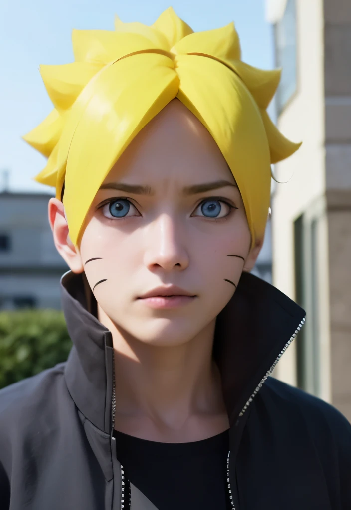 1 male, uzumaki boruto in anime boruto, short hair , yellow hair, blue eyes, good looking, looking at the viewer、black clothes, realistic clothes, details clothing, urban background, Super detailed, realistic