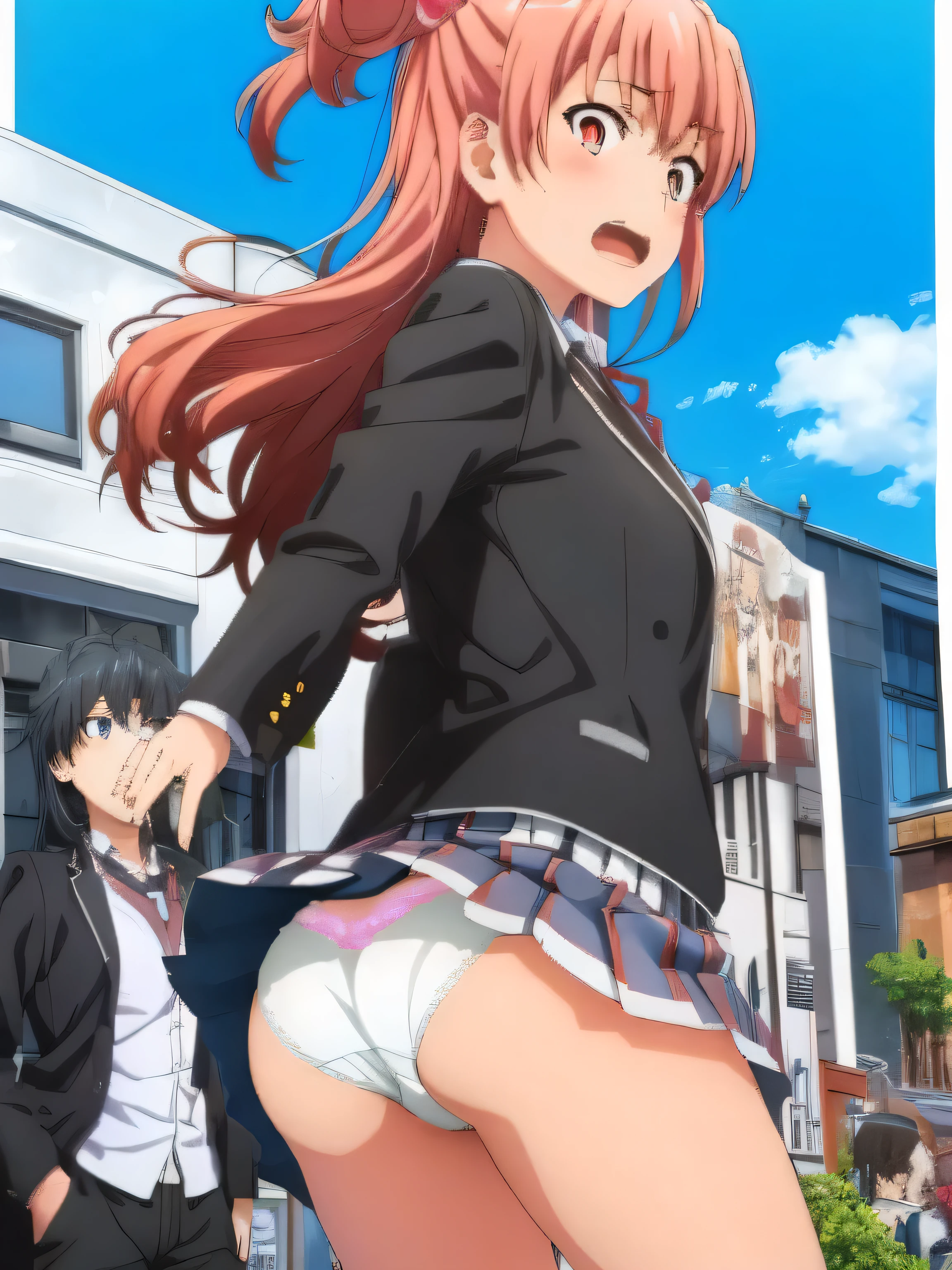 (2 girls) ,(old high quality) ,Yukinoshita Yukino , Yuigahama Yui , city street,strong wind,,crowd , embarrassed face,Low - Angle,school uniform,(check skirt),(The wind flips up my check skirt),(hold check skirt with hand),thighs,(white panties),(pink panties),