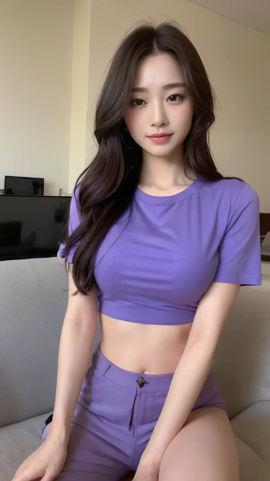 ((top-quality、8k、​masterpiece:1.3))、Beautiful woman with perfect body:1.4、slim abdomen:1.2、Longhair, normal breast, Highly detailed facial and skin texture, A detailed eye, delicate eyes, double eyelid, (smile), (full body shot), ((living room)), (sitting on sofa), ((wearing purple t-shirt with long pants)), looking in front