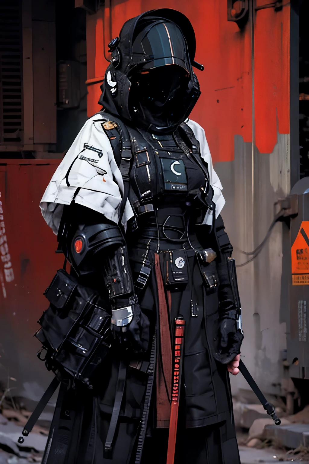 derpd, lethal geisha cyborg assassin wearing hooded kimono & armor, futuristic ski sunglasses, danger, red-yellow sky, post apocalyptic art, neon horror, sci-fi, glitchcore, cgsociety, modern european ink painting, androgynous, mixed media, dystopian art, black and Neon cosmic art, analog horror, nightmarefuel, space punk, glitchcore, hauntingly beautiful, beautifully ominous. A world class female cyborg in stunning HD, world class art, unique, modern masterpiece, exceptional, exquisite, dark fantasy, apocalypse art, calotype