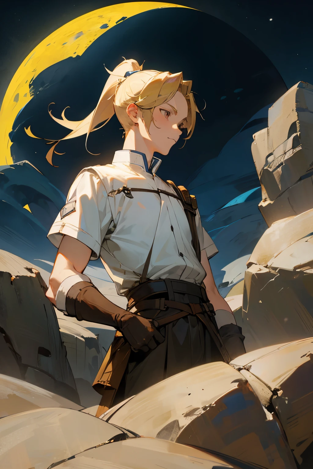 avatar,ponytail, white shirt, young male, brown eyes, moon, blonde hair, rock terrain, gloves,