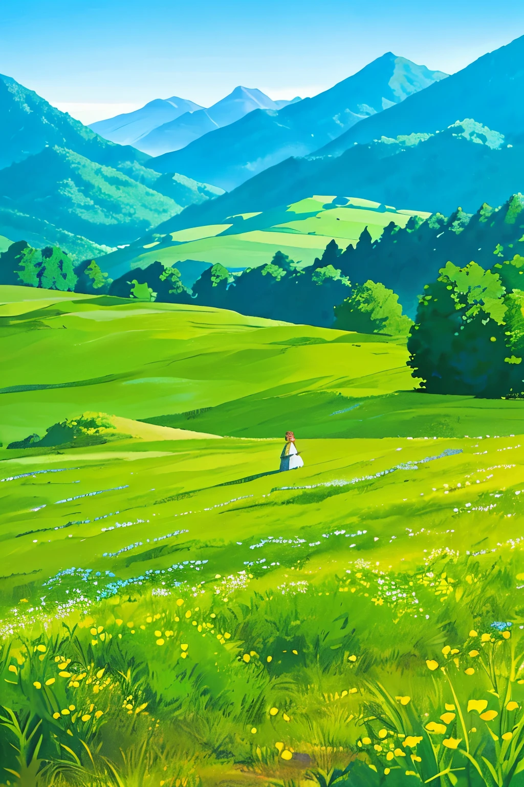 Amidst the breathtaking landscape of a beautiful meadow lies a tranquil scene. The emerald-green grass stretches out endlessly under the azure sky, dotted with wildflowers in vibrant hues of purple, yellow, and red. In the distance, majestic mountains rise up, their peaks touching the heavenly realm. Their grandeur is accentuated by the soft, ethereal blue tint that washes over them, creating an almost surreal effect. The sun casts long, golden shadows across the meadow, adding depth and texture to the tableau. The gentle breeze rustles the leaves of the trees that line the edge of the meadow, whispering secrets to the ser