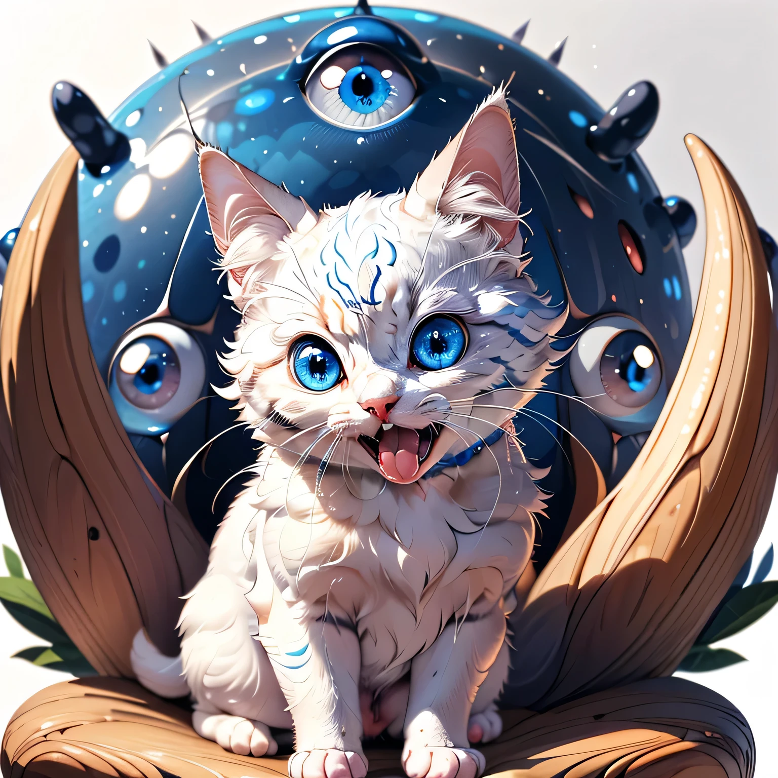 giant eyes,One,I look at the viewer with blue eyes,White background,Sitting,open mouth, sharp small teeth, whole body,no people,animal,cat with two huge eyes,